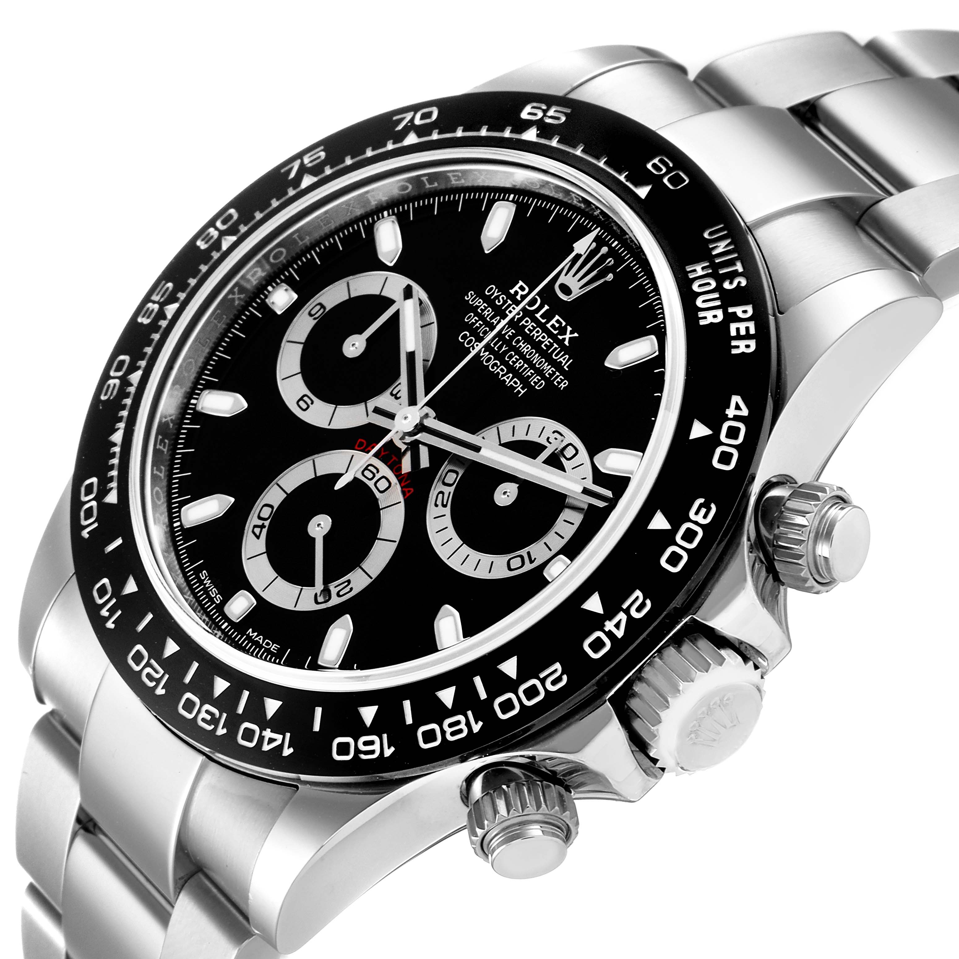 The image shows a close-up, side angle of the Rolex Daytona 116500 Men's Stainless Steel Black Dial 116500 Men's Stainless Steel Black Dial watch, highlighting the bezel, dial, and chronograph pushers.
