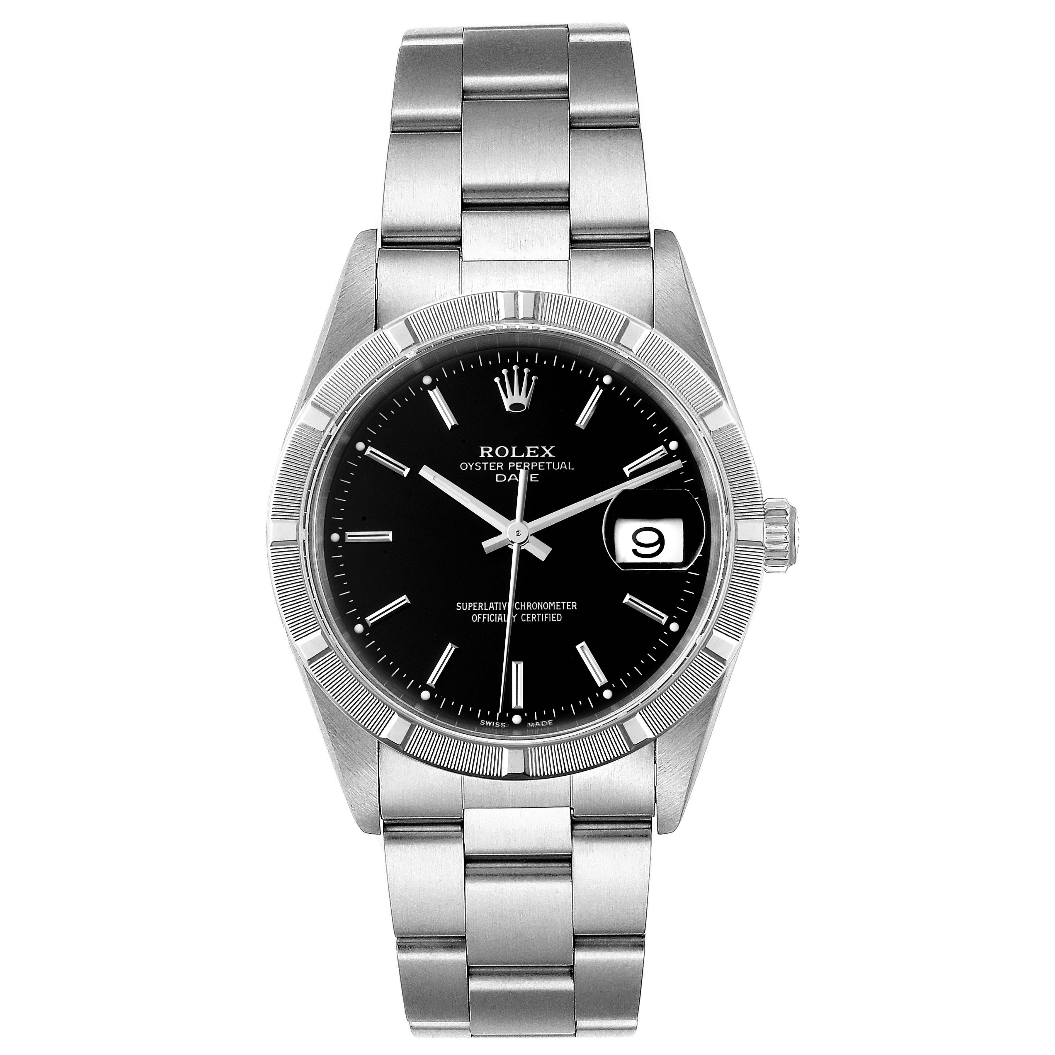 The image shows a frontal view of a Rolex Date 15210 Men's Stainless Steel Black Dial 15210 Men's Stainless Steel Black Dial model watch, displaying its face, bezel, and bracelet.