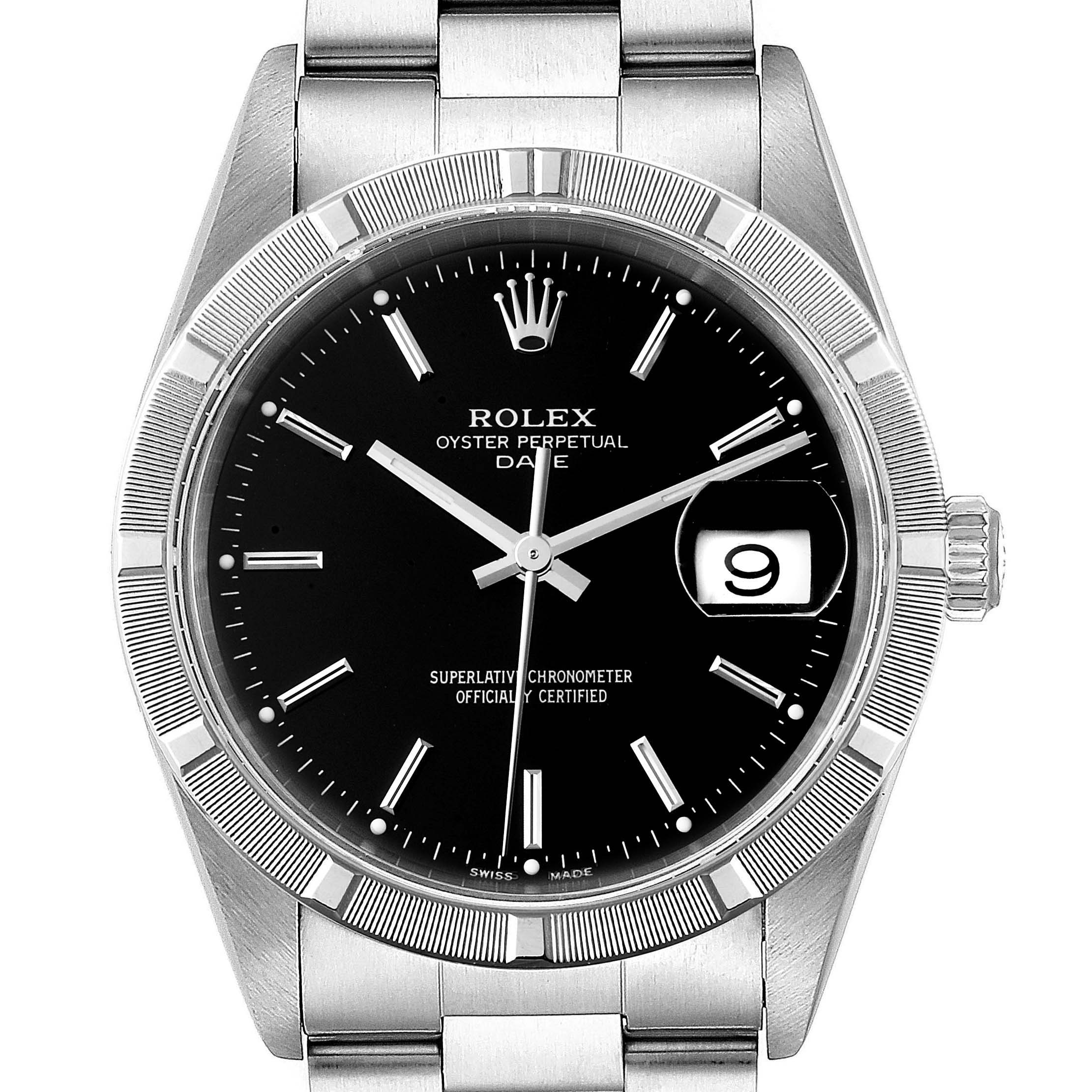 The Rolex Date 15210 Men's Stainless Steel Black Dial 15210 Men's Stainless Steel Black Dial model watch is shown from a front angle, highlighting its black dial, silver hour markers, and date window at 3 o'clock.
