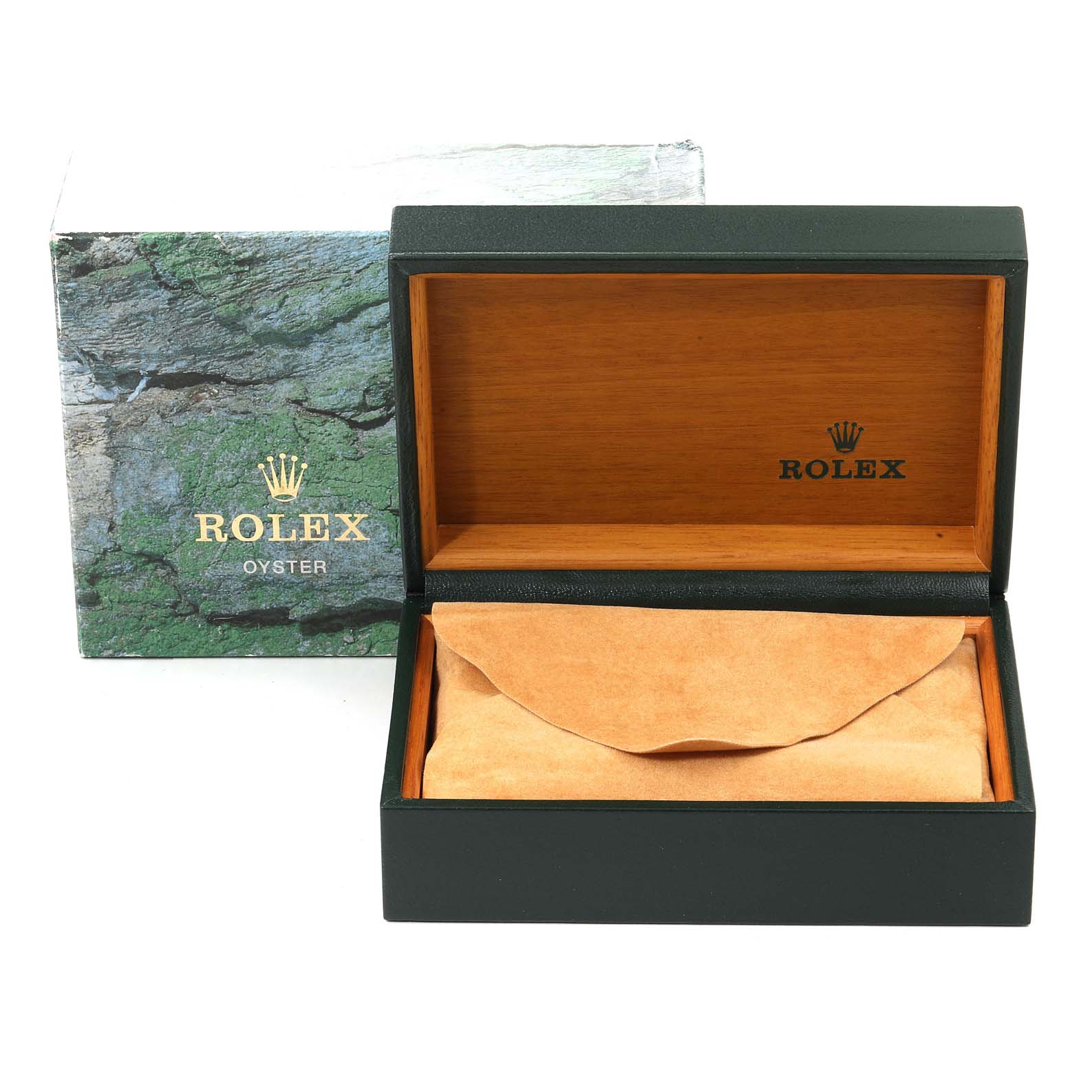 The image shows an open Rolex watch box and outer sleeve for the Date model by Rolex, but the watch itself is not visible.