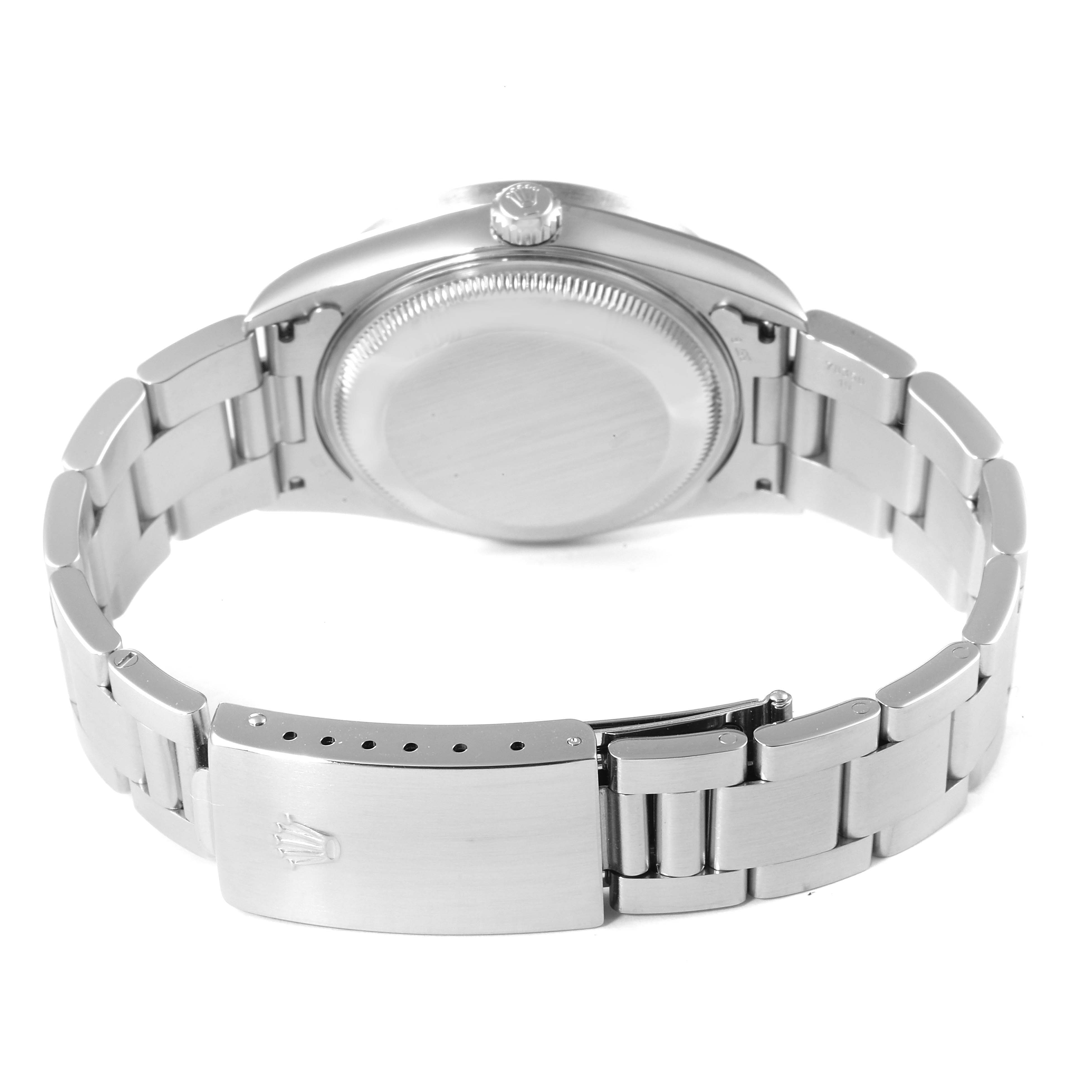 This image shows the back view of the Rolex Date 15210 Men's Stainless Steel Black Dial 15210 Men's Stainless Steel Black Dial model watch, highlighting the case back and stainless steel bracelet.