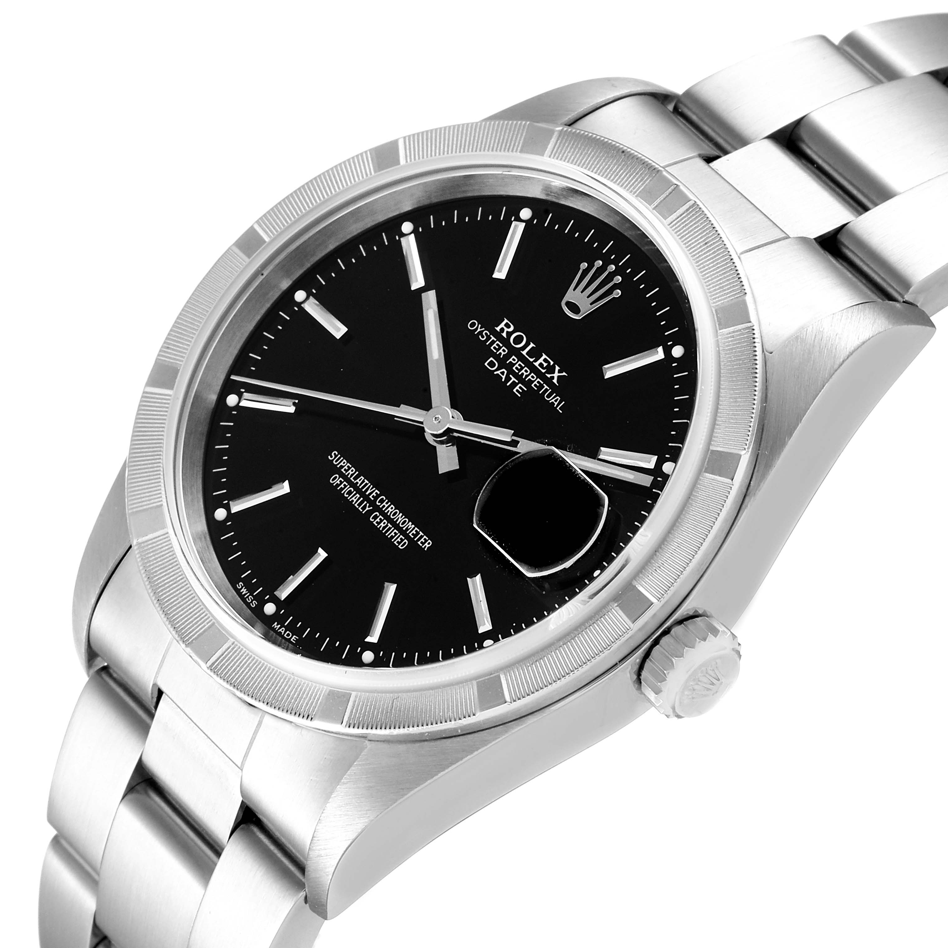 The Rolex Date 15210 Men's Stainless Steel Black Dial 15210 Men's Stainless Steel Black Dial watch is shown at an angle revealing the face, bezel, crown, and part of the bracelet.