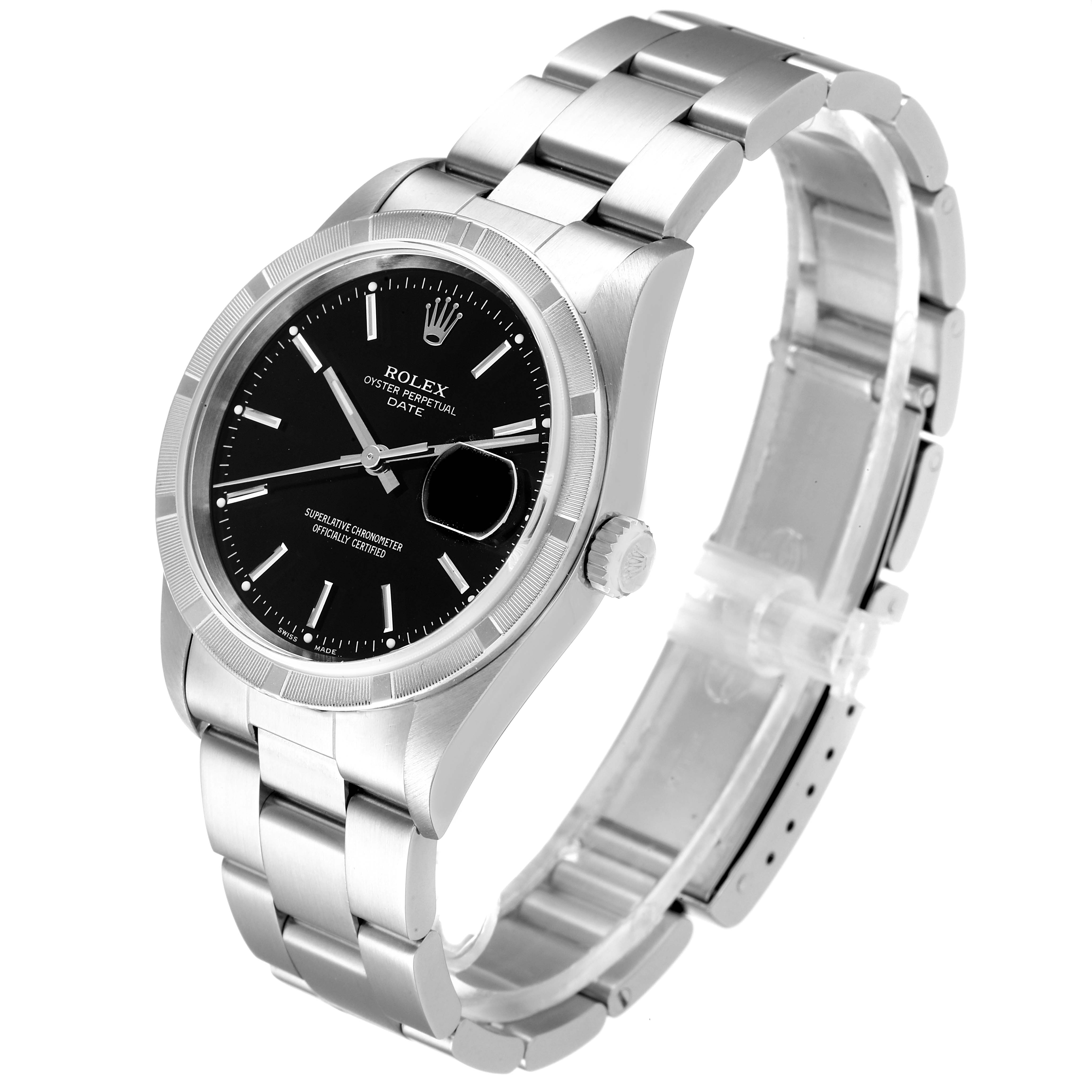 The image shows a Rolex Oyster Perpetual Date watch at a three-quarter angle, highlighting its face, bezel, case, and bracelet.