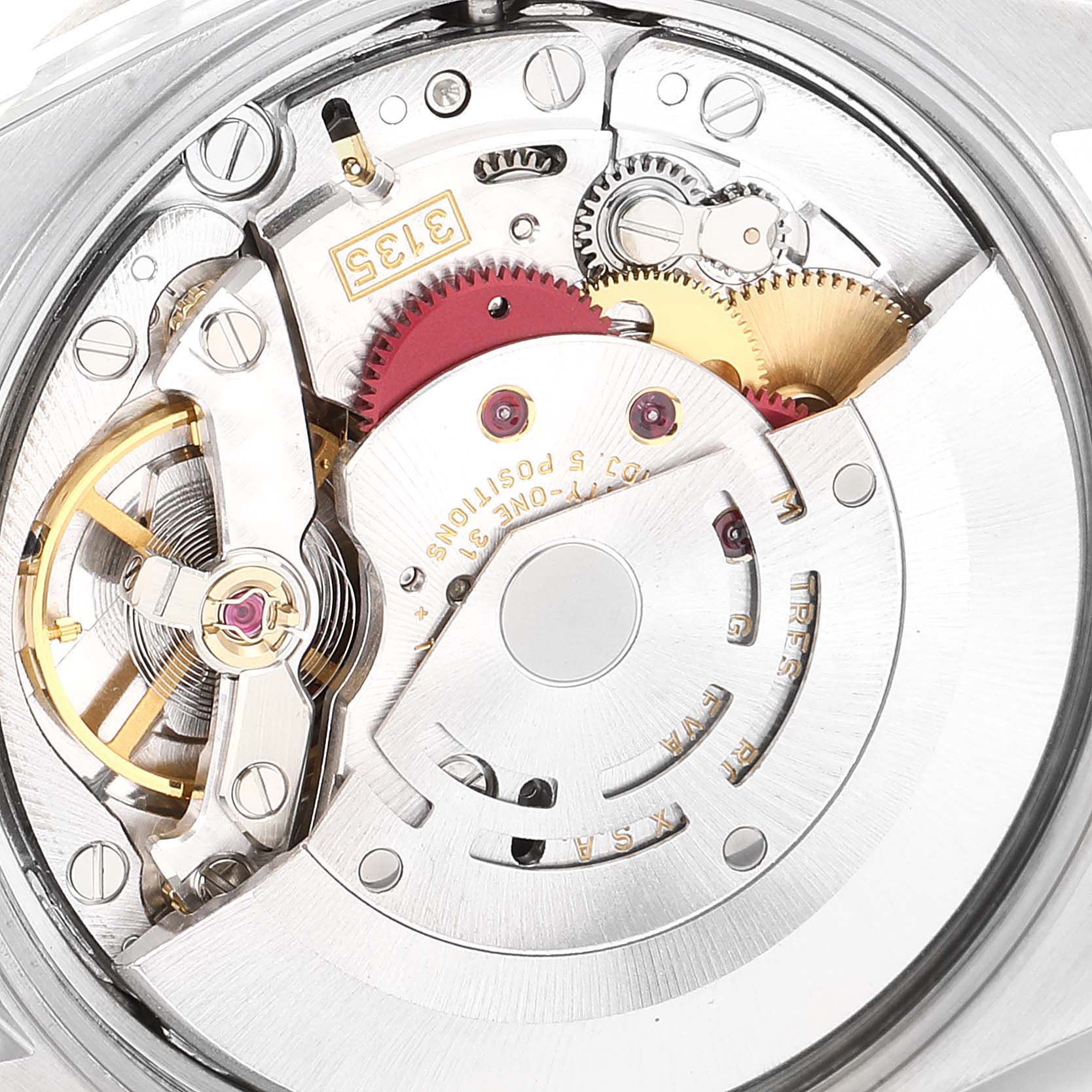 This image shows the detailed inner mechanics of a Rolex Date 15210 Men's Stainless Steel Black Dial 15210 Men's Stainless Steel Black Dial model watch from a close-up angle.