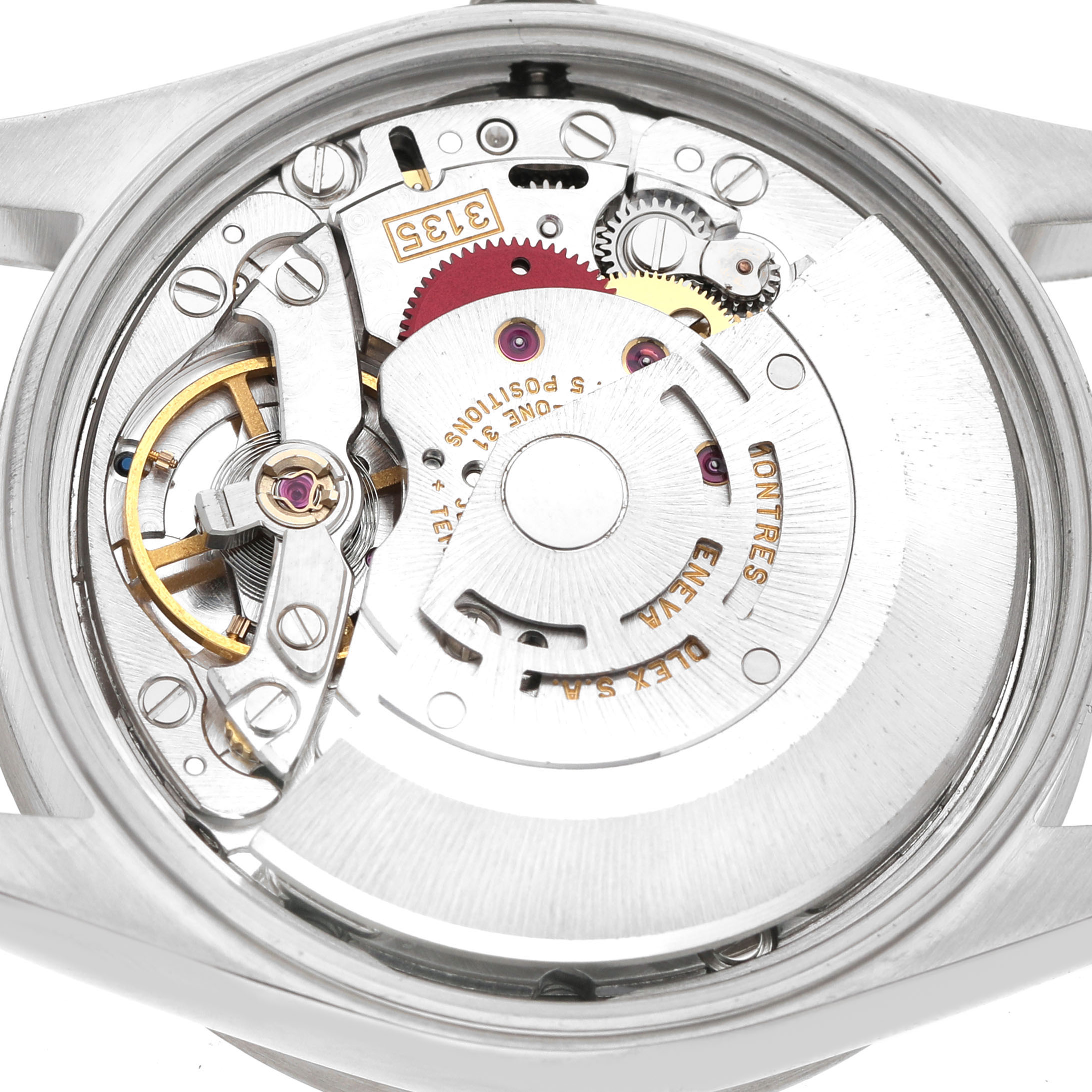 The image shows the movement of a Rolex Date 15210 Men's Stainless Steel Black Dial model from a top view, highlighting gears and the rotor.