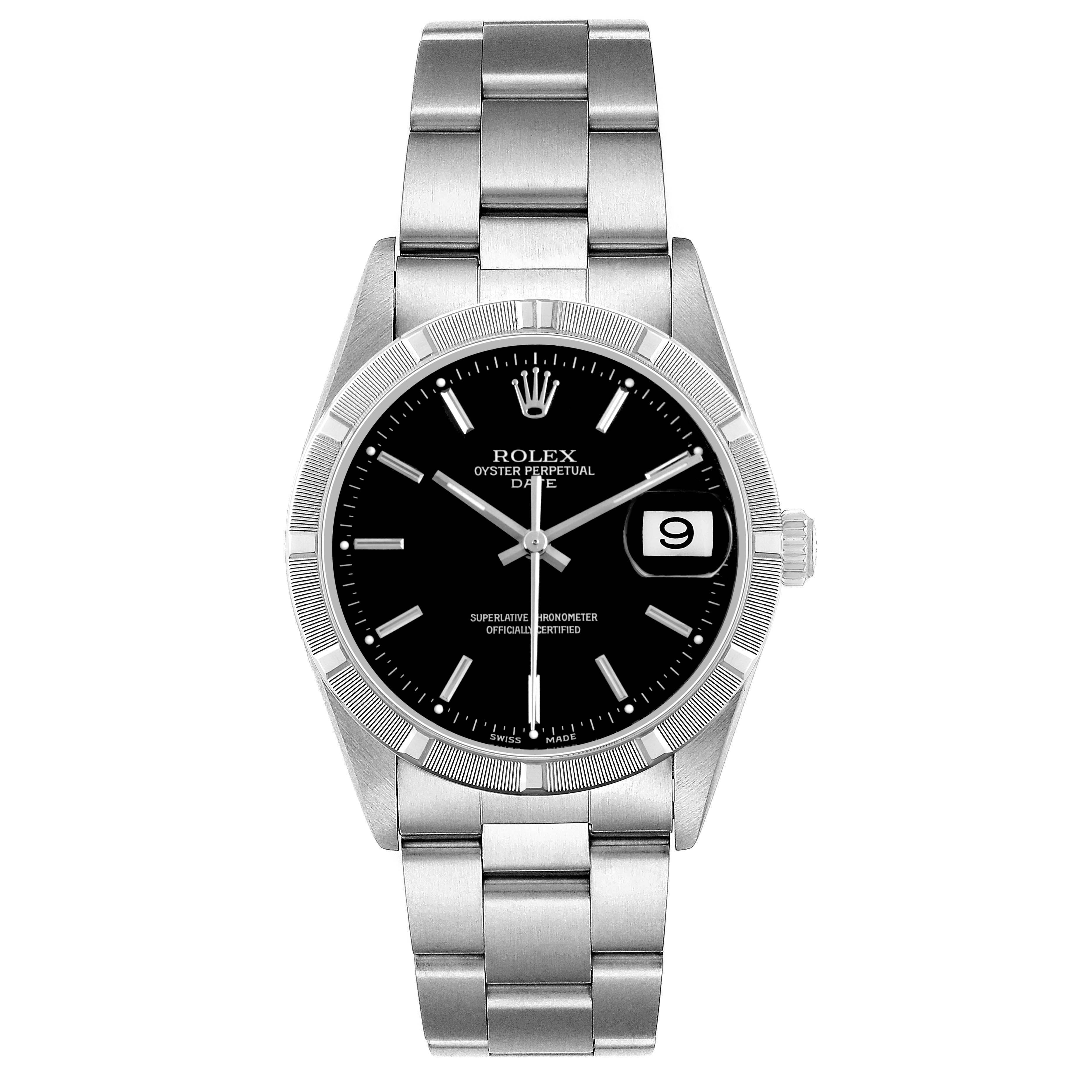The Rolex Date 15210 Men's Stainless Steel Black Dial watch is shown from a front angle, displaying its dial, bezel, bracelet, and date window.