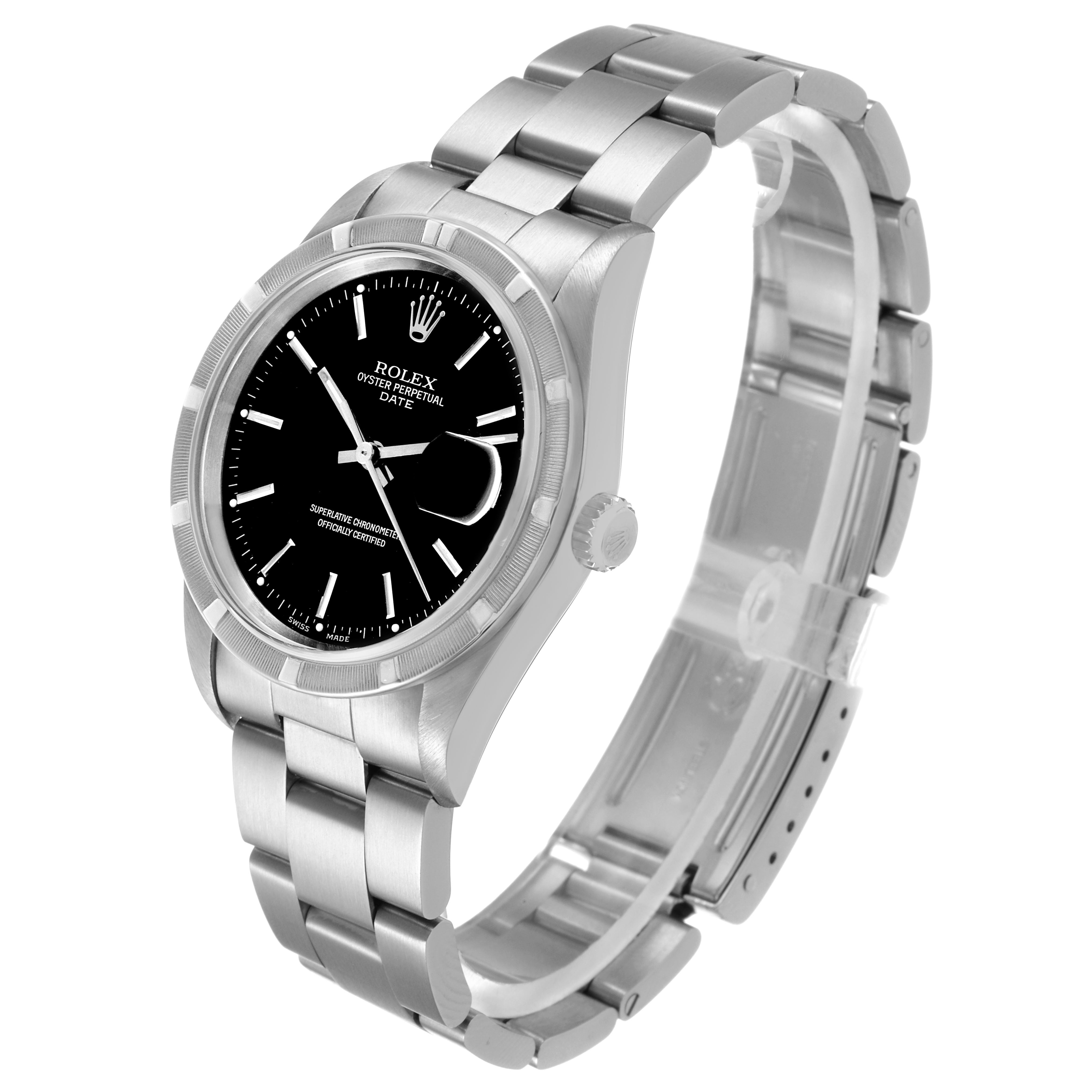 The Rolex Date 15210 Men's Stainless Steel Black Dial watch is shown at a three-quarter angle, displaying its case, dial, crown, and bracelet.