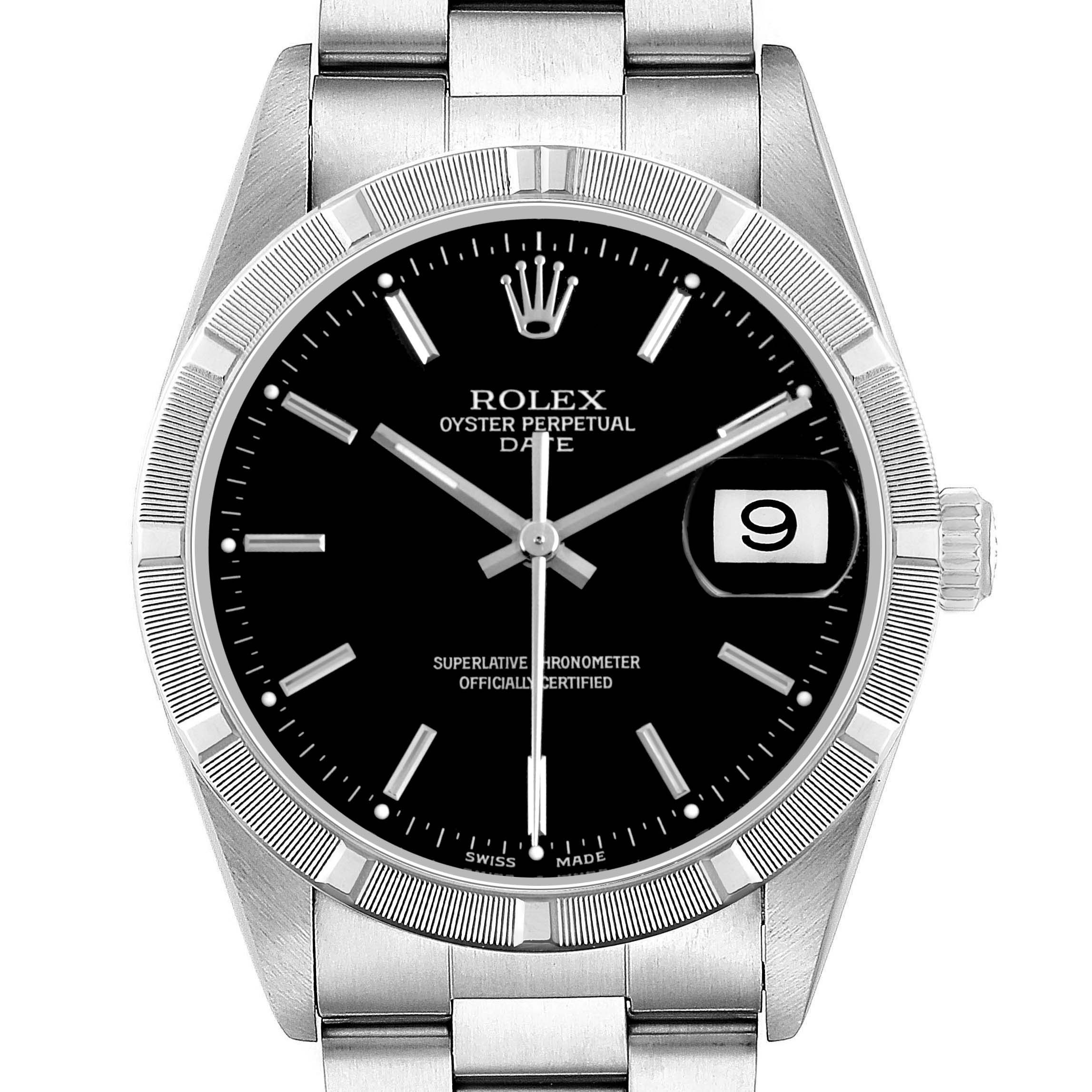 The image shows a frontal view of a Rolex Date 15210 Men's Stainless Steel Black Dial model watch, displaying the black dial, hands, date window, and metal bracelet.