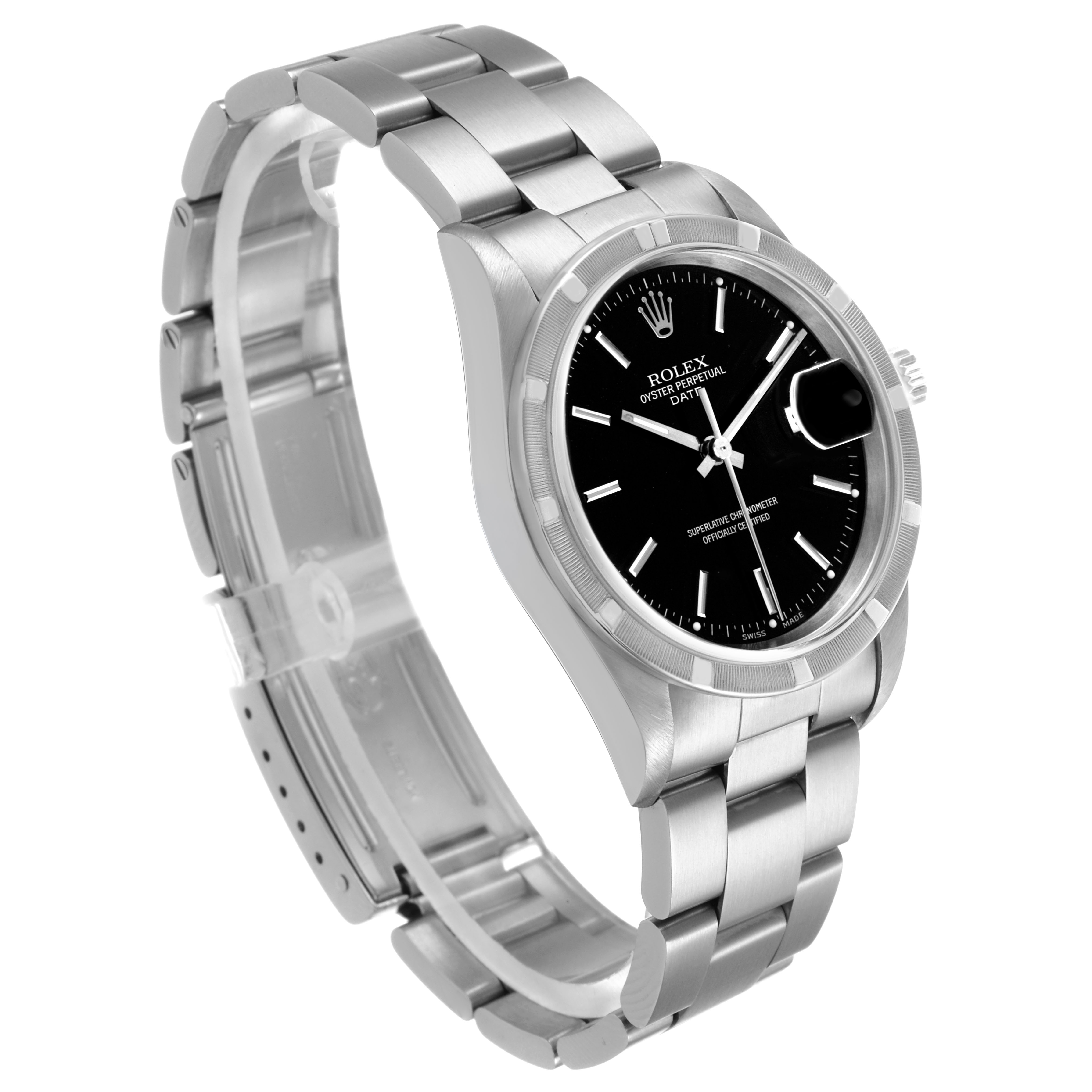 The Rolex Date 15210 Men's Stainless Steel Black Dial watch is shown from a three-quarter angle, highlighting the face, bracelet, and crown.