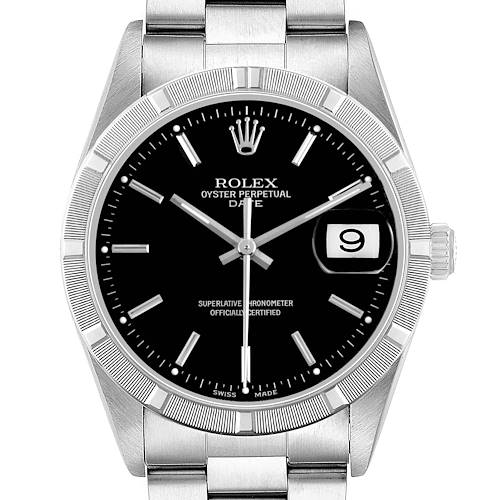 The Rolex Date 15210 Men's Stainless Steel Black Dial watch is shown from a frontal angle, highlighting the dial, bezel, and bracelet.