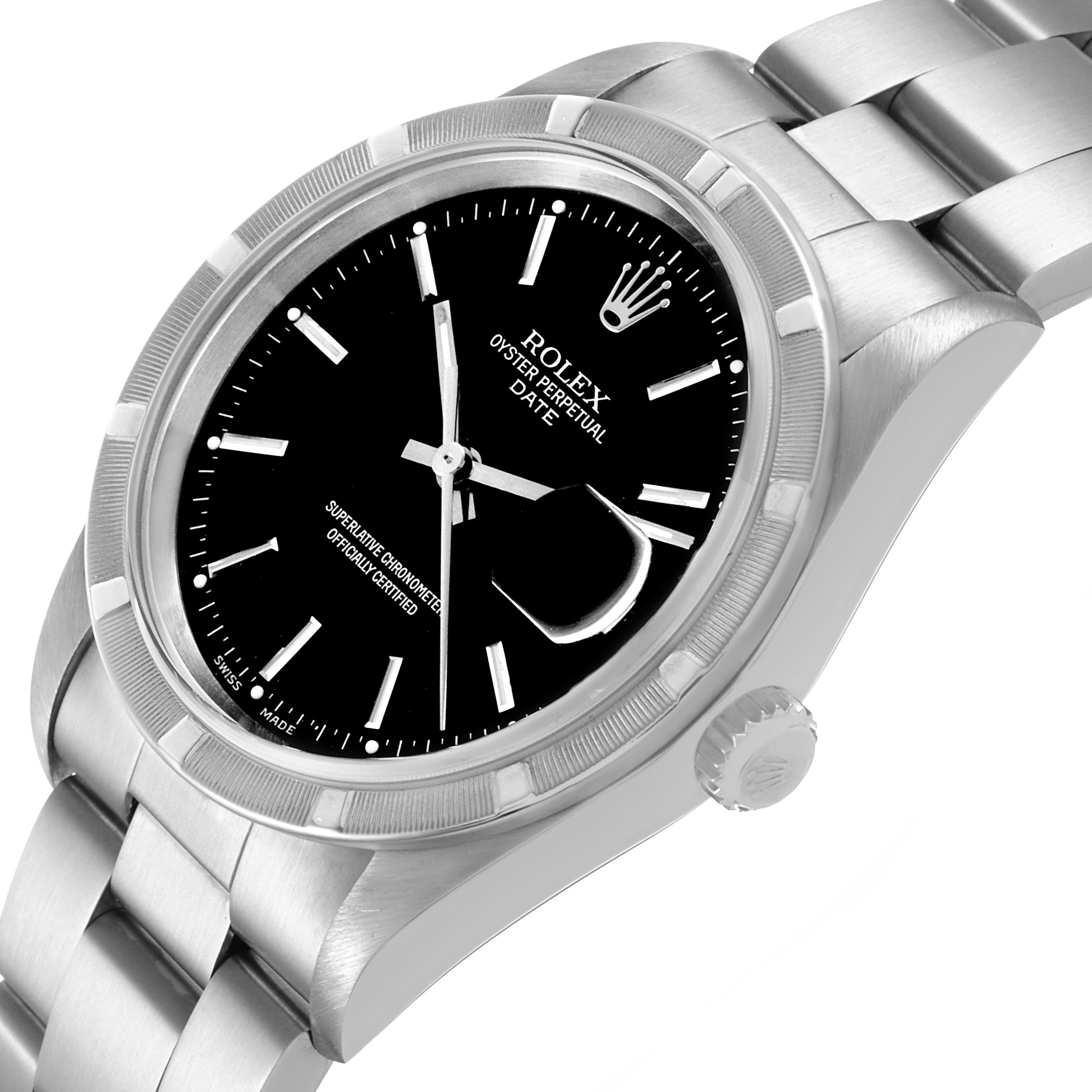 The image shows a Rolex Date 15210 Men's Stainless Steel Black Dial watch from an angled side view, highlighting the dial, bracelet, bezel, and crown.