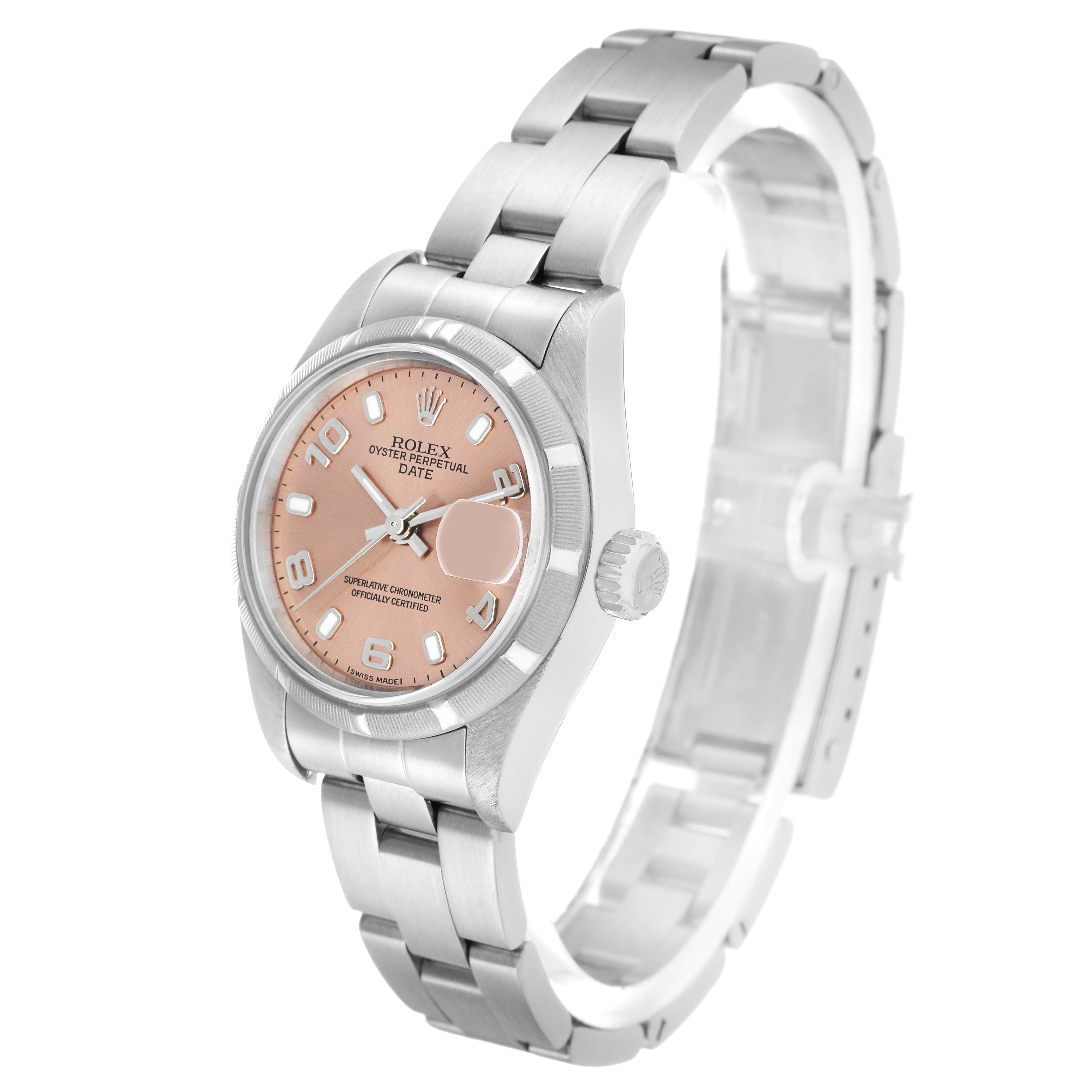 The Rolex Date 79190 Women's Stainless Steel Pink Dial model is shown at a slight angle, highlighting the dial, case, bezel, crown, and bracelet.