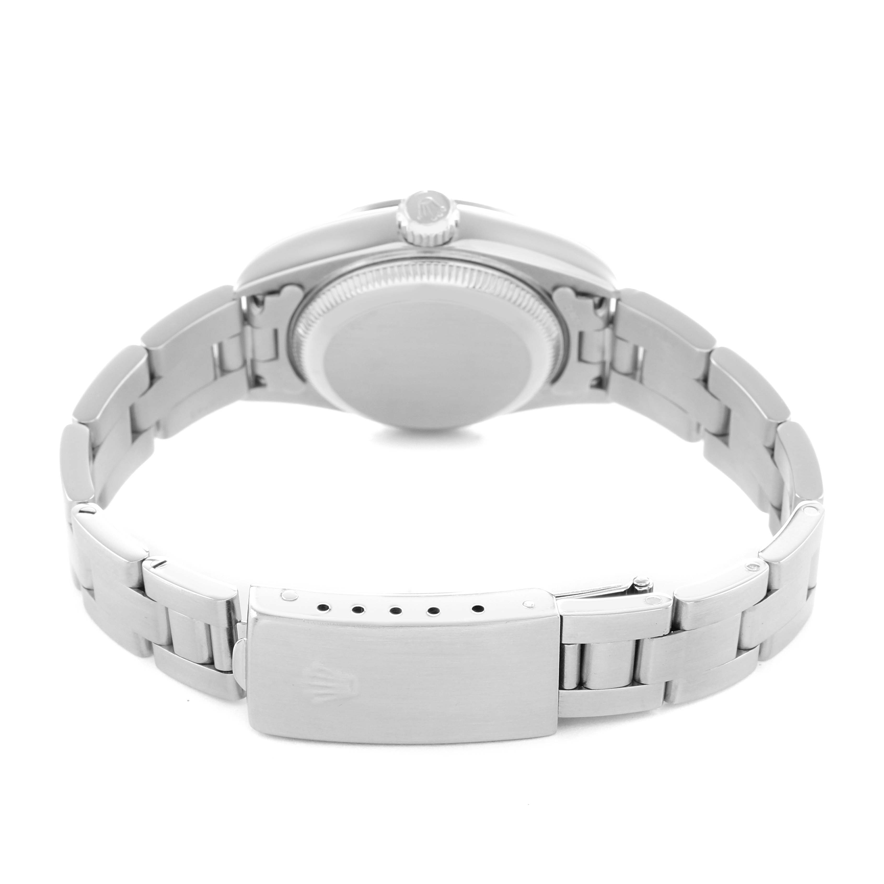 The image shows the back of a Rolex Date 79190 Women's Stainless Steel Pink Dial model watch, highlighting the clasp, bracelet, case back, and crown from a rear angle.