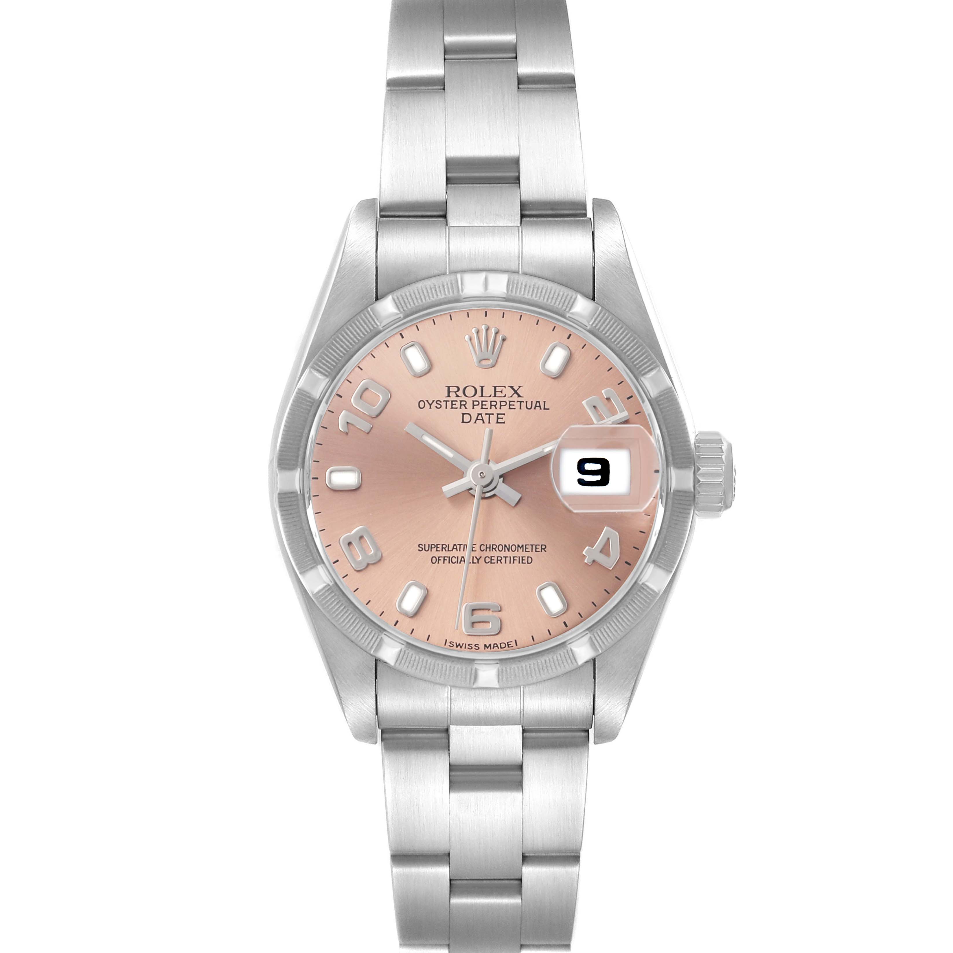The Rolex Date 79190 Women's Stainless Steel Pink Dial watch is shown from the front, displaying its pink dial, date window, and stainless steel bracelet.