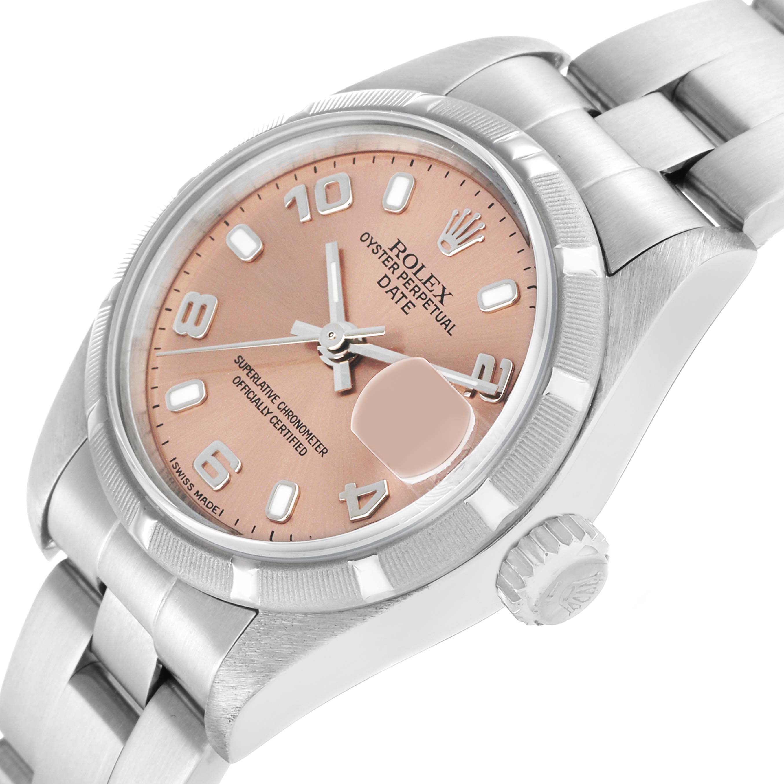 The Rolex Date 79190 Women's Stainless Steel Pink Dial model is shown at an angle highlighting the dial, bezel, bracelet, and crown.
