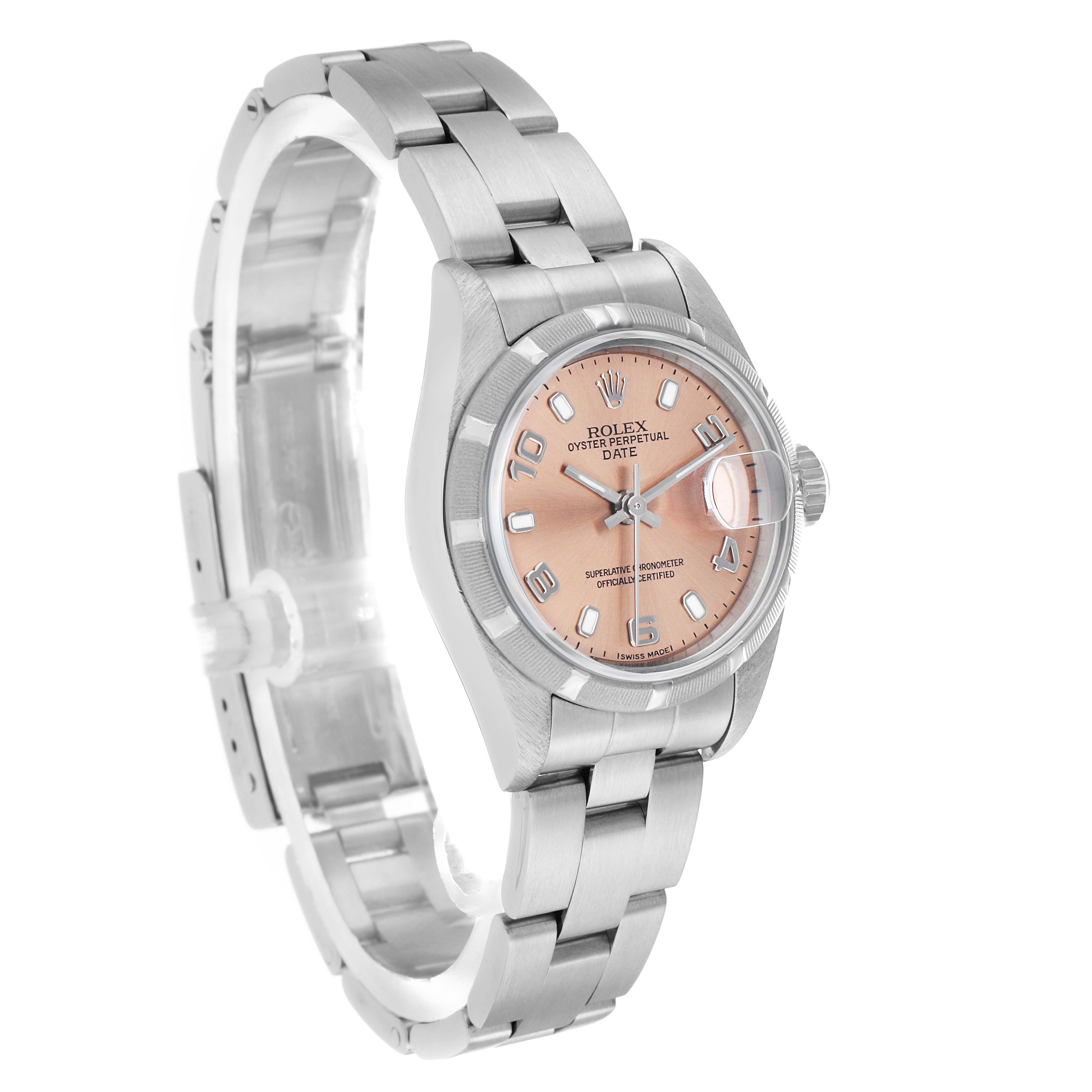 The Rolex Date 79190 Women's Stainless Steel Pink Dial watch is shown at a three-quarter angle displaying the face, bezel, crown, and part of the bracelet.