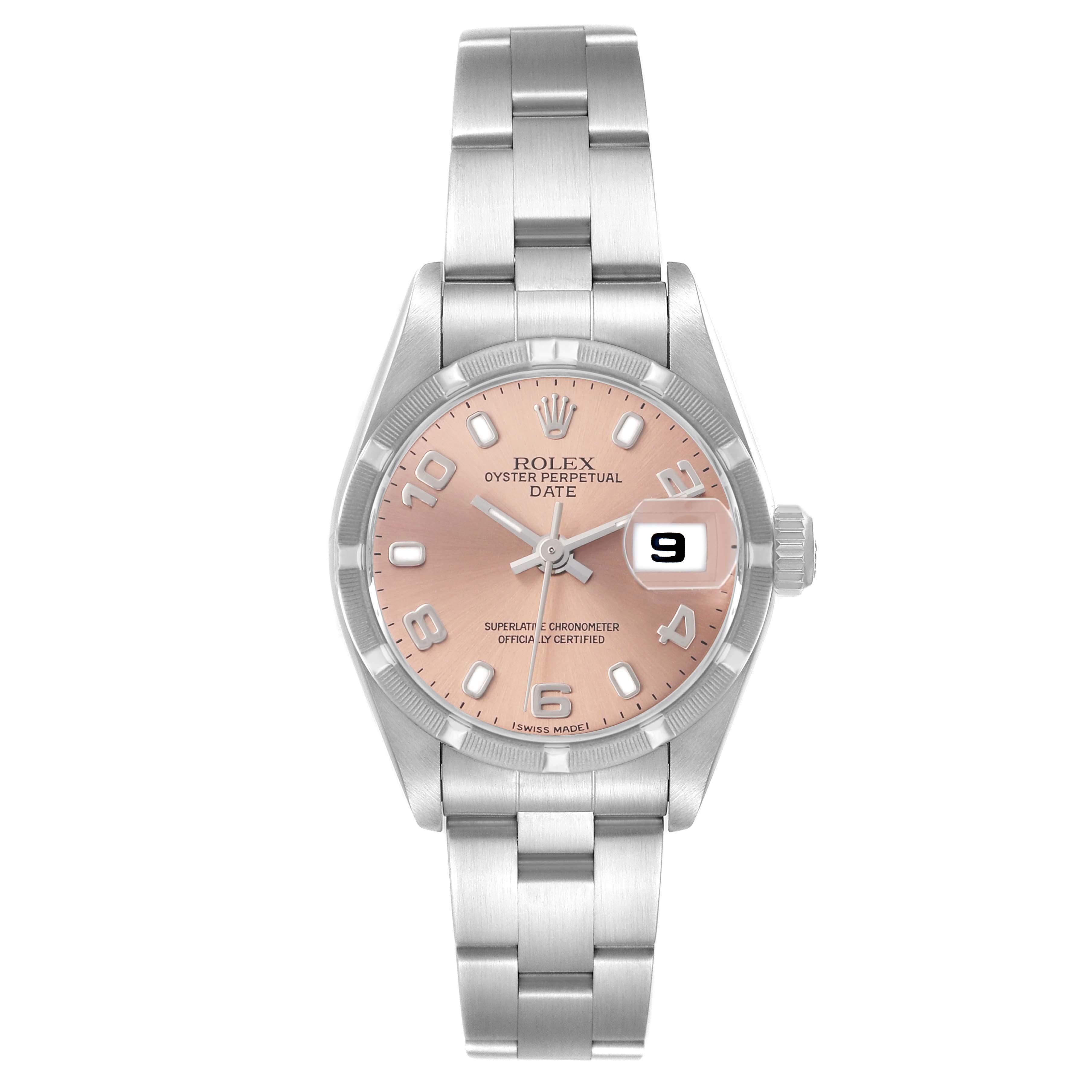 The Rolex Date 79190 Women's Stainless Steel Pink Dial model is shown in a front view, displaying its bracelet, pink dial, bezel, and date magnifier.