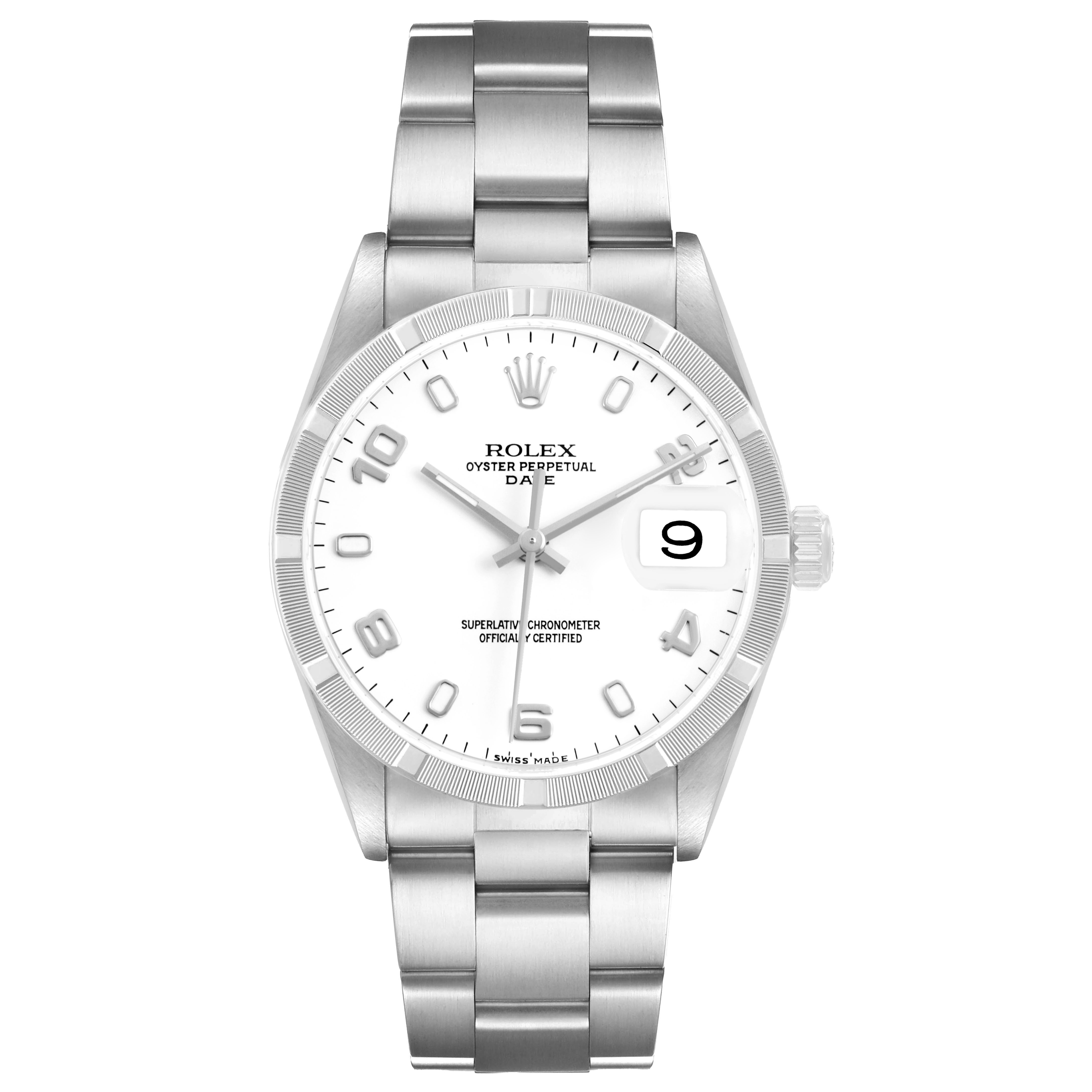 The Rolex Date 15210 Men's Stainless Steel White Dial watch is shown head-on, highlighting the dial, bezel, bracelet, and cyclops date magnifier.