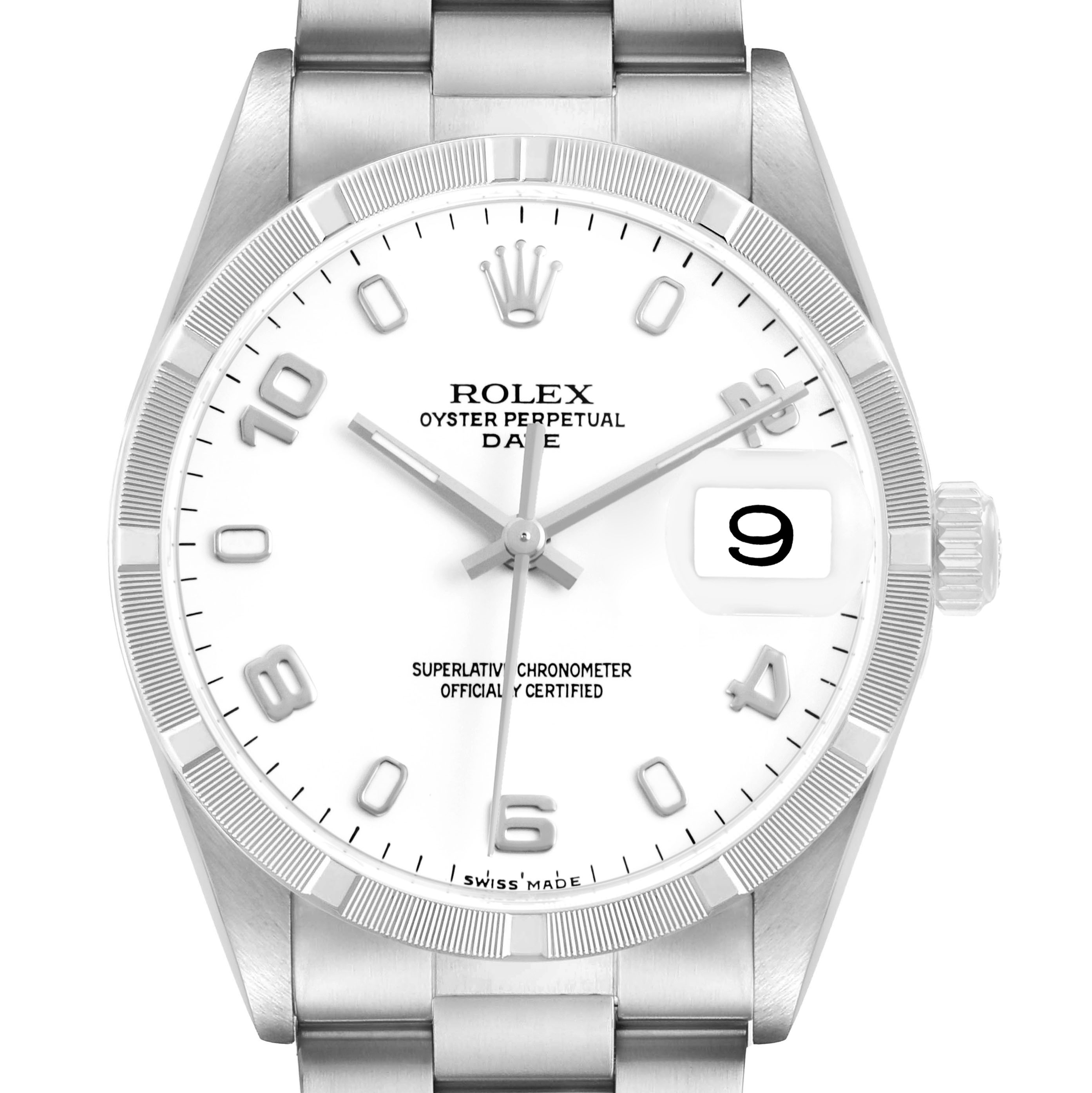 The image shows a front view of a Rolex Oyster Perpetual Date watch, highlighting the dial, hands, bezel, and date window.