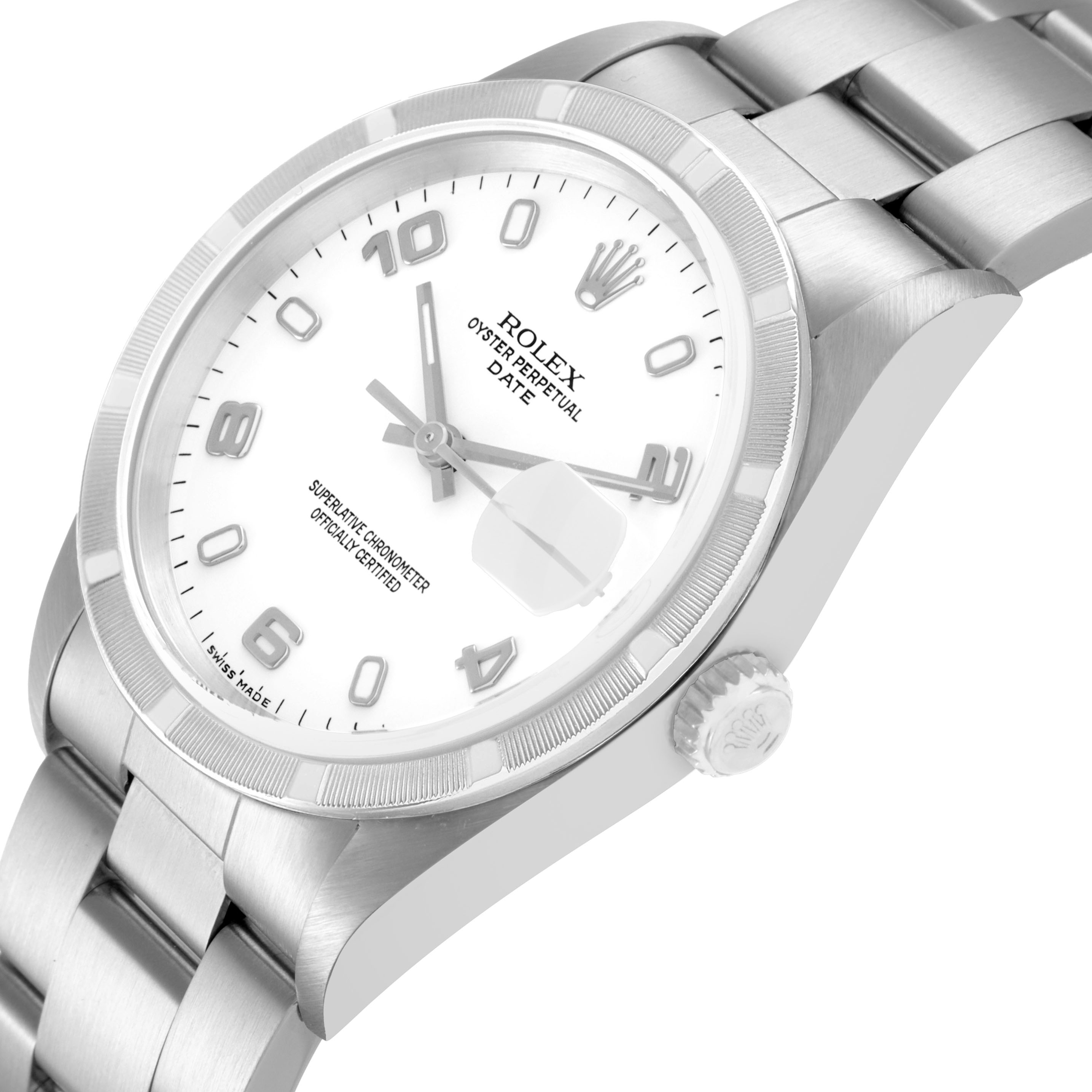 The Rolex Date 15210 Men's Stainless Steel White Dial watch is shown from a side angle, highlighting the bezel, crown, and bracelet details.