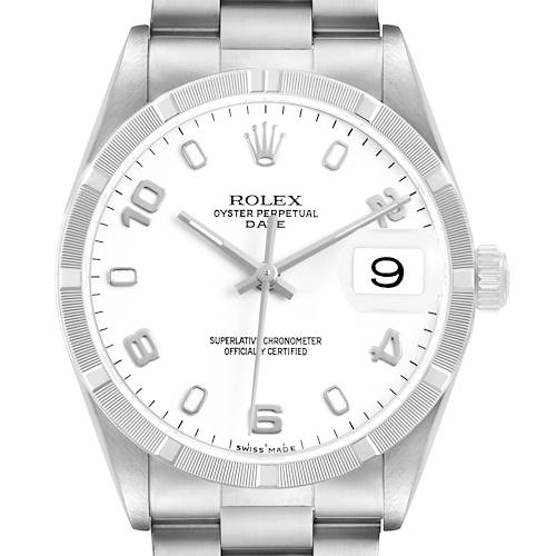 The image shows a front view of a Rolex Oyster Perpetual Date watch, highlighting the dial, bezel, crown, and bracelet.