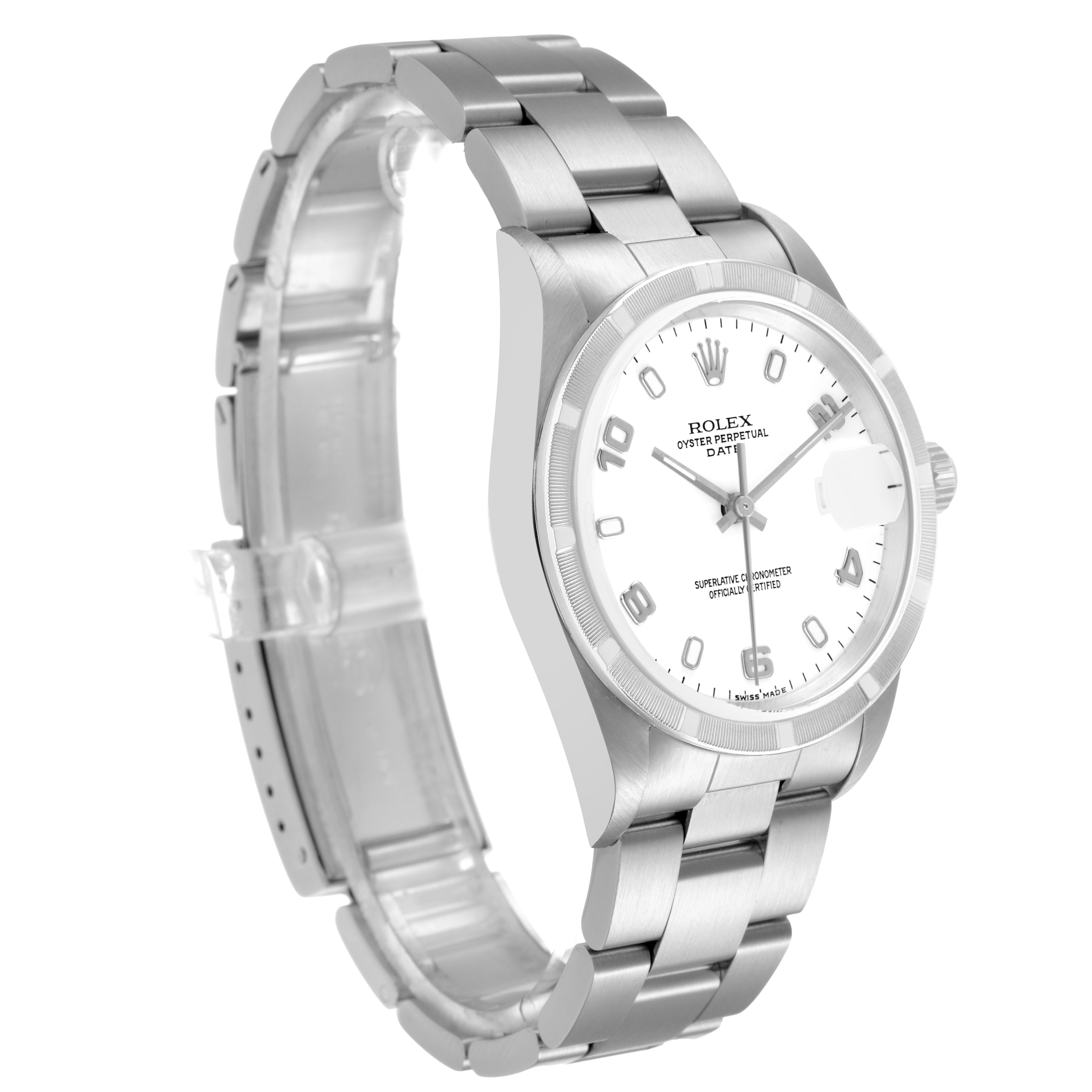 The Rolex Date 15210 Men's Stainless Steel White Dial model watch is shown at a three-quarter angle, displaying the face, bracelet, and crown.