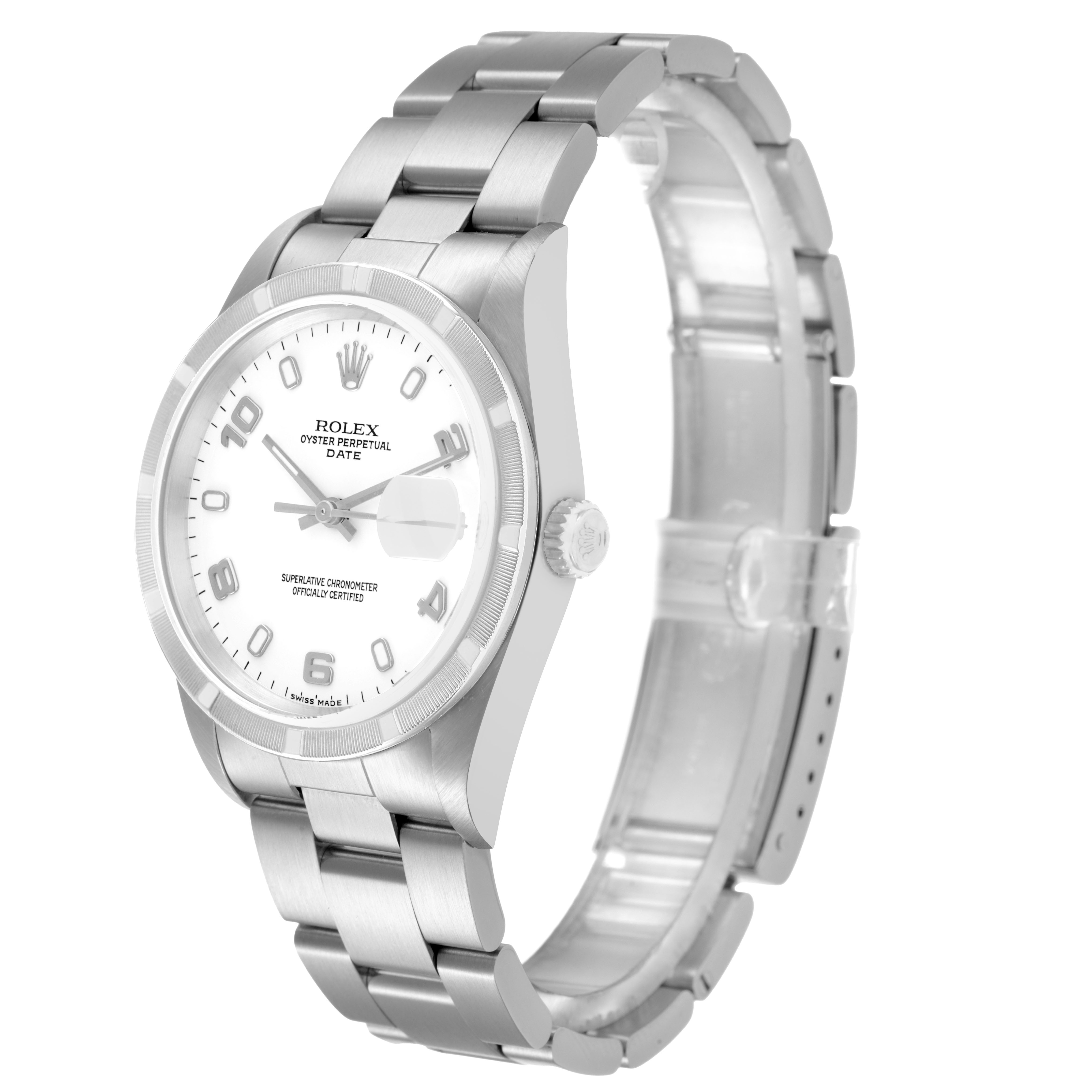 The image shows a Rolex Date 15210 Men's Stainless Steel White Dial watch at a side angle, highlighting the case, bezel, dial, and bracelet.