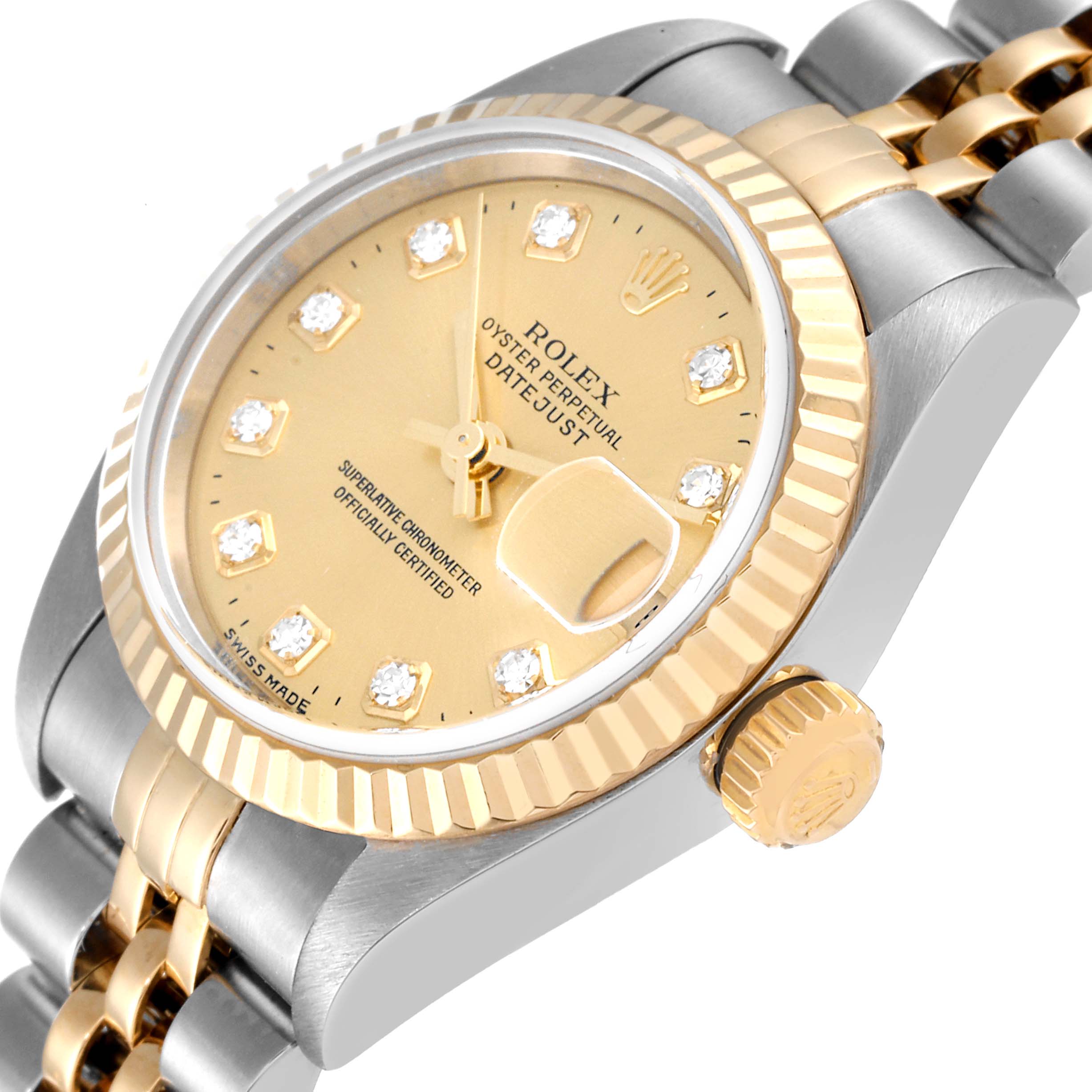 This Rolex Datejust 79173 Women's Stainless Steel Champagne Dial watch is shown at an angle highlighting the gold dial, bezel, crown, and two-tone bracelet.