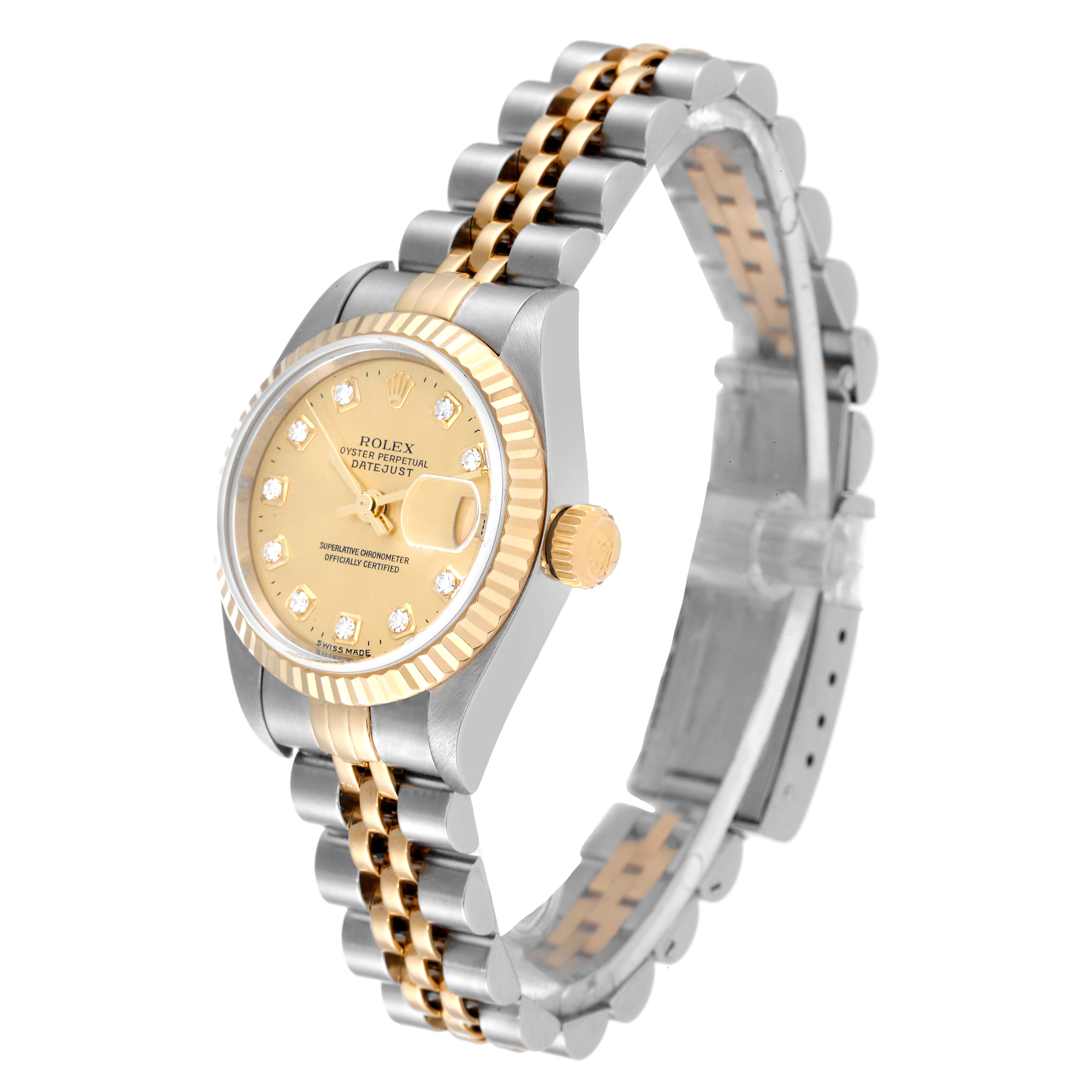 The Rolex Datejust 79173 Women's Stainless Steel Champagne Dial watch is shown at a three-quarter angle, highlighting the dial, bezel, crown, and part of the band.