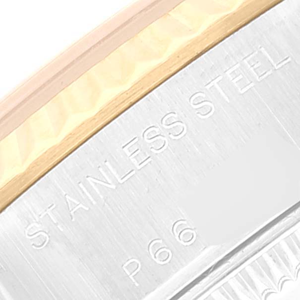 The image shows a close-up of the case back side of a Rolex Datejust 79173 Women's Stainless Steel Champagne Dial with "STAINLESS STEEL" engraving visible.