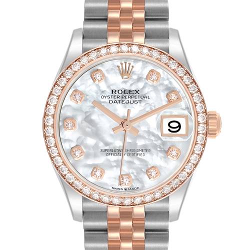 The Rolex Mid-Size 278381RBR-0020 Women's Steel and Gold (two tone) Purple Dial Datejust is shown from a top-down angle, highlighting the dial, bezel, and bracelet.