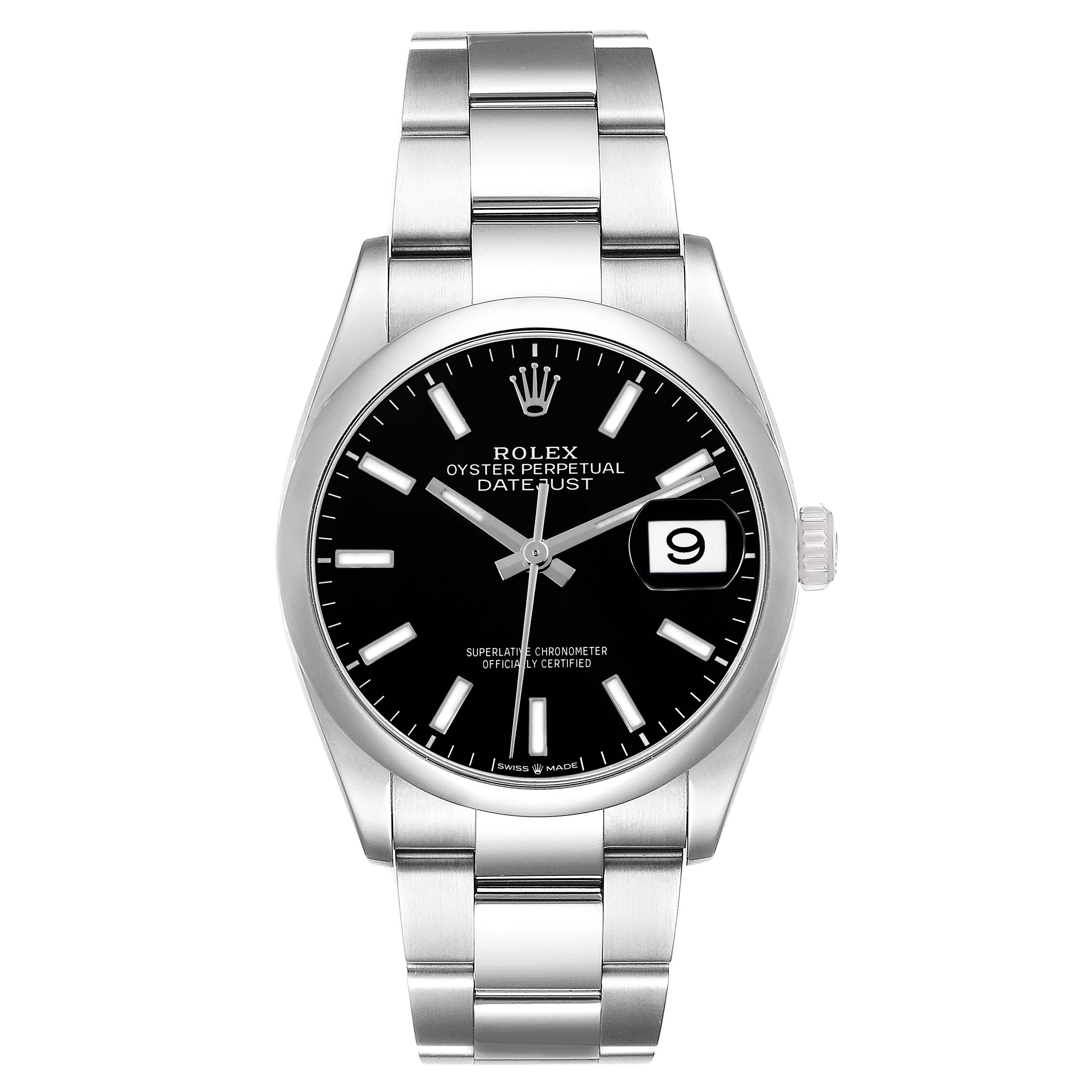 The Rolex Datejust 126200 Men
s Stainless Steel Black Dial 126200 Men
s Stainless Steel Black Dial watch is shown from the front, displaying the dial, case, bracelet, and date window.
