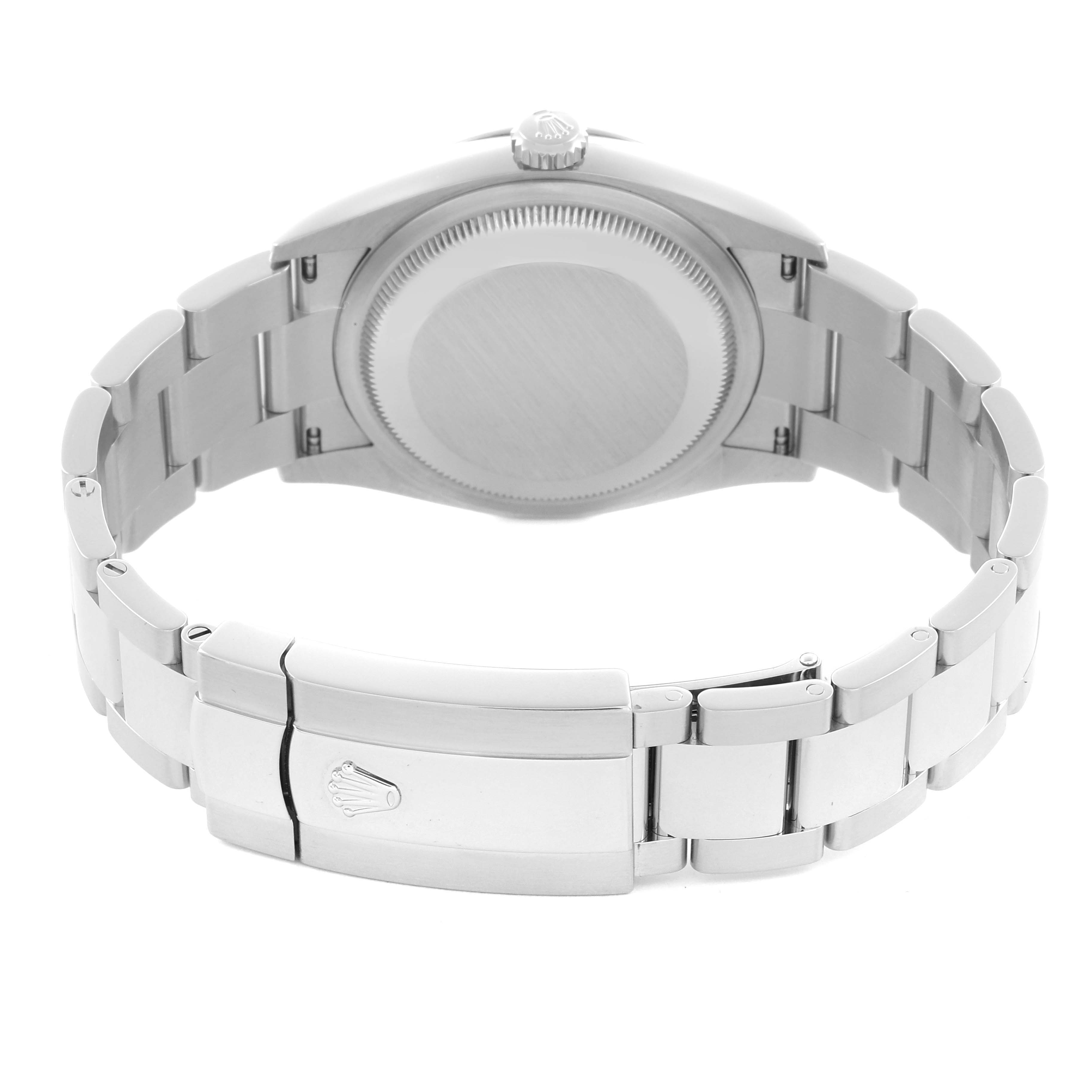 The image shows the back of a Rolex Datejust 126200 Men
s Stainless Steel Black Dial 126200 Men
s Stainless Steel Black Dial watch with its clasp and stainless steel bracelet.