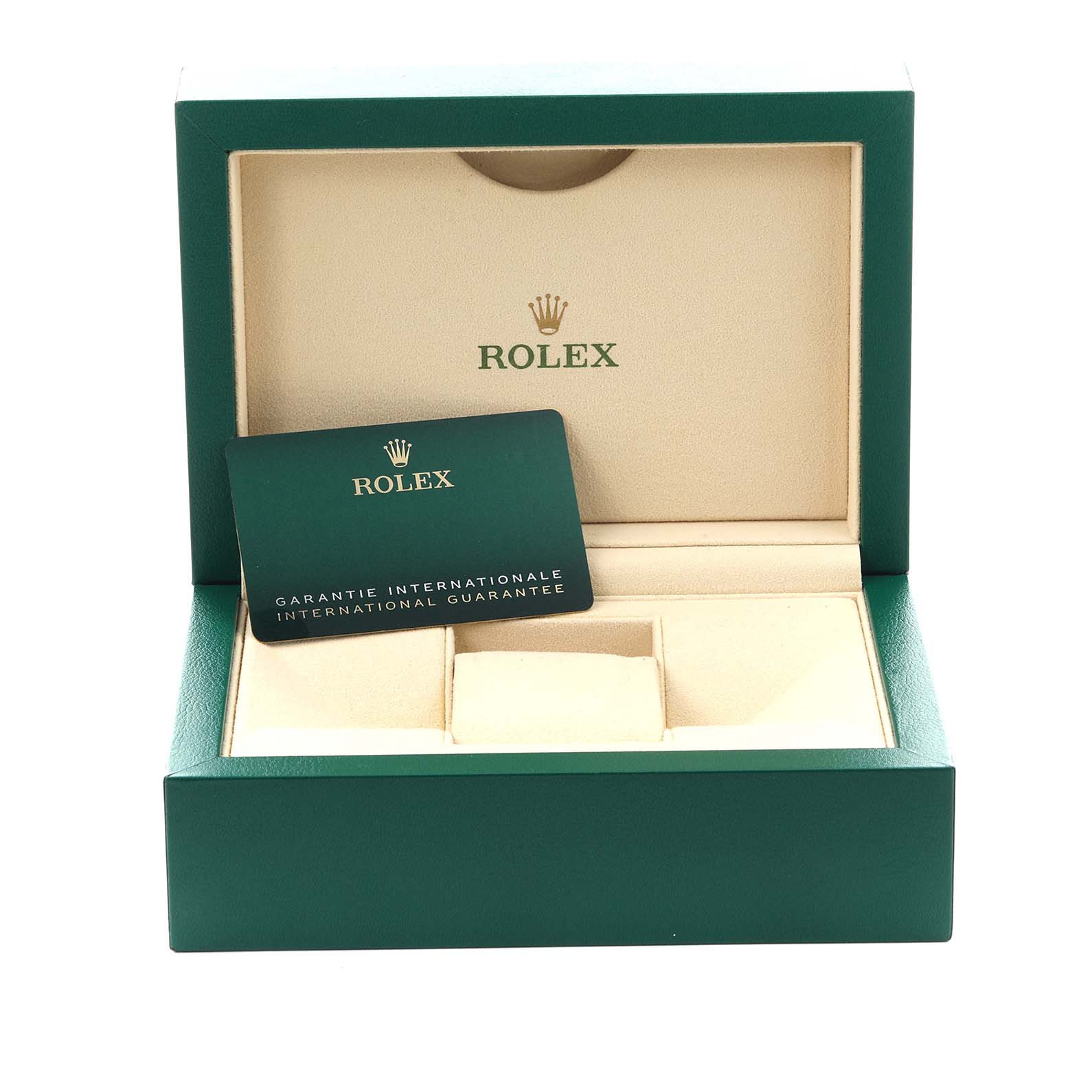 The image shows an empty Rolex Datejust 126200 Men
s Stainless Steel Black Dial 126200 Men
s Stainless Steel Black Dial box and international guarantee card from a front angle.