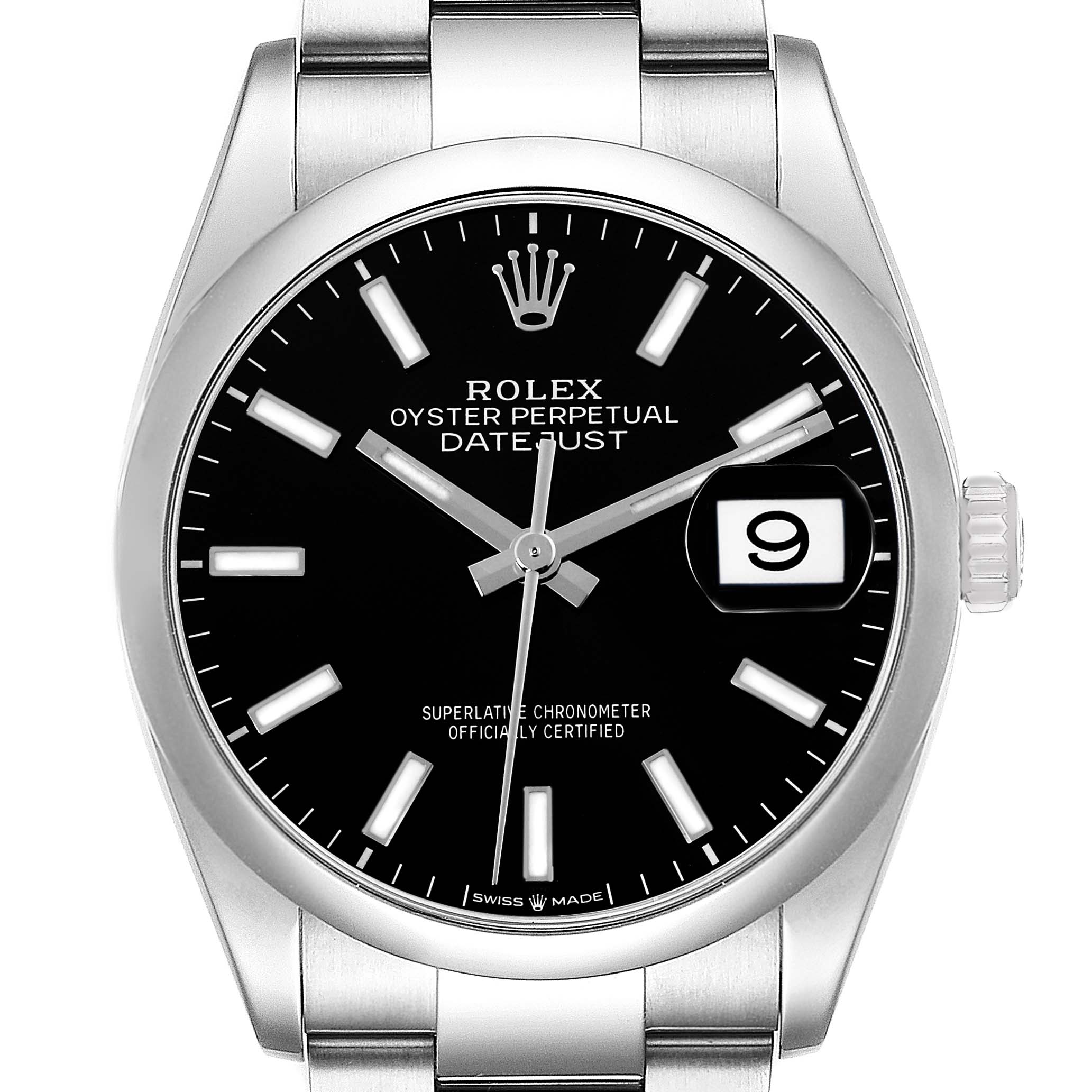 The Rolex Datejust 126200 Men
s Stainless Steel Black Dial 126200 Men
s Stainless Steel Black Dial watch is shown from the front, displaying the dial, hands, date window, and part of the bracelet.