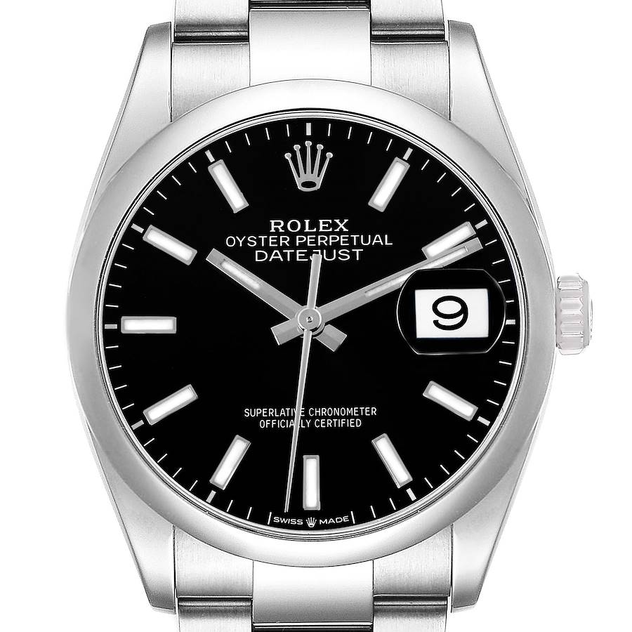 The Rolex Datejust watch is shown from the front, displaying the dial, hands, date window, and part of the bracelet.