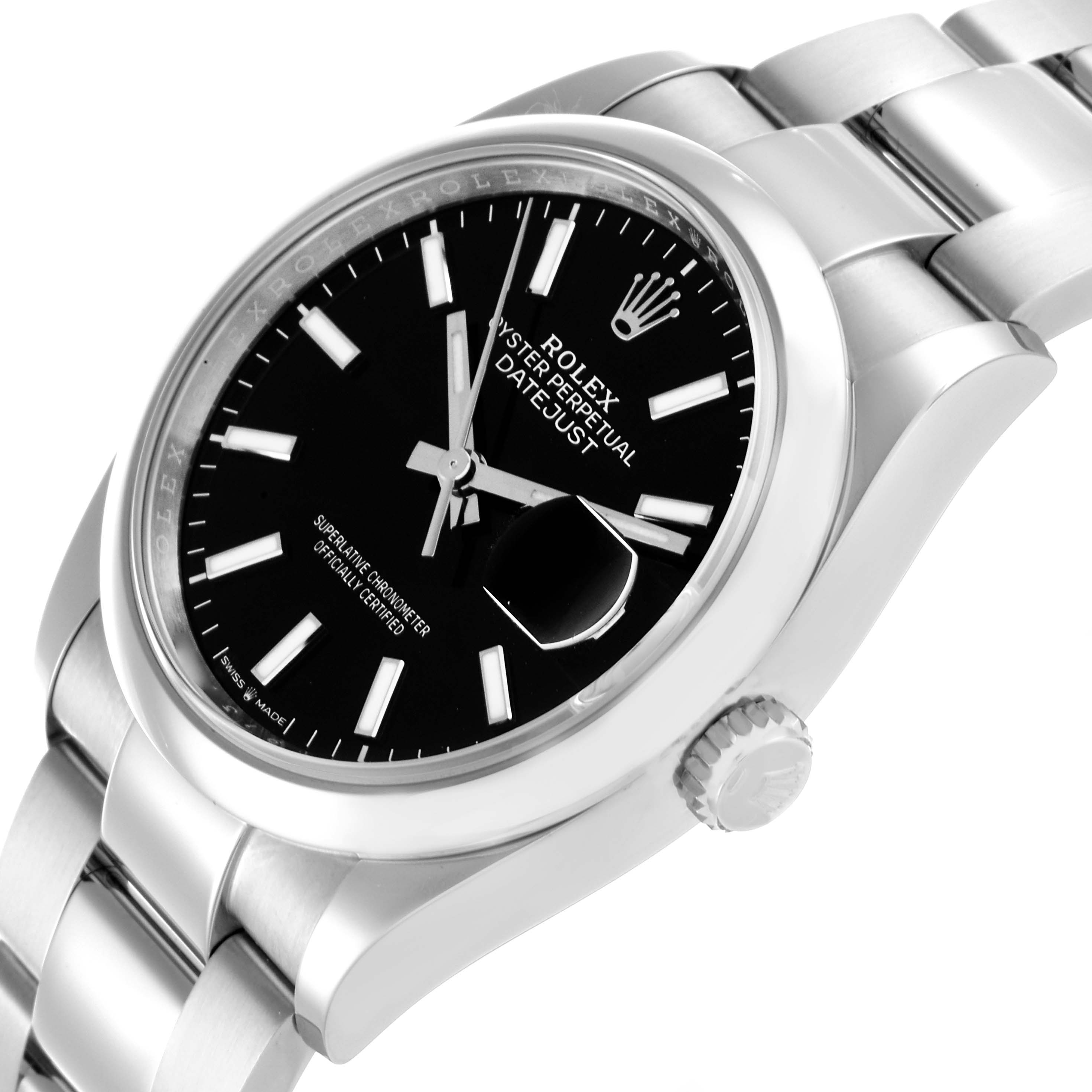 The Rolex Datejust 126200 Men
s Stainless Steel Black Dial 126200 Men
s Stainless Steel Black Dial watch is shown from a three-quarter angle highlighting the dial, case, and part of the bracelet.