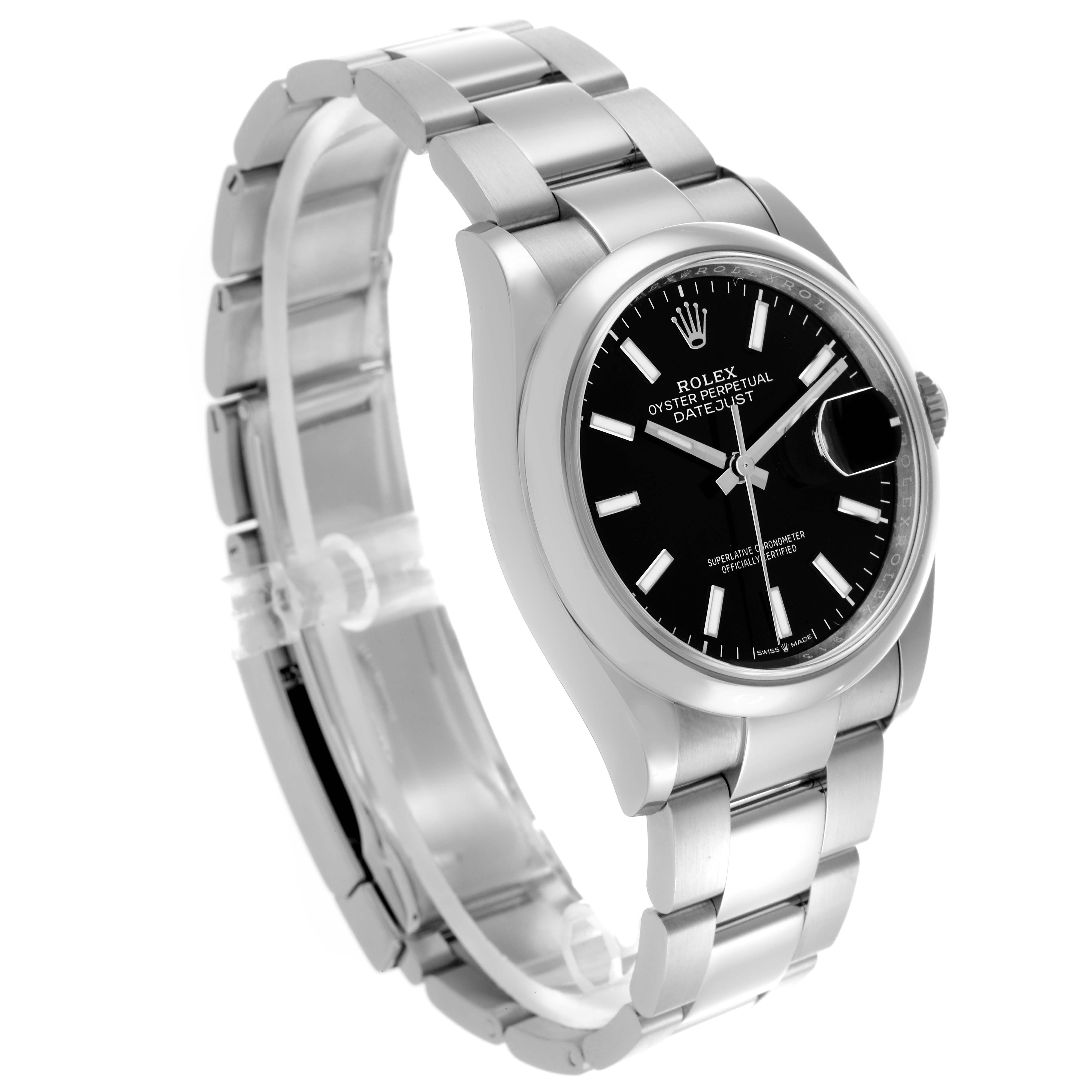 The Rolex Datejust 126200 Men
s Stainless Steel Black Dial 126200 Men
s Stainless Steel Black Dial watch is shown at a slight angle, displaying the face, bezel, and part of the bracelet.