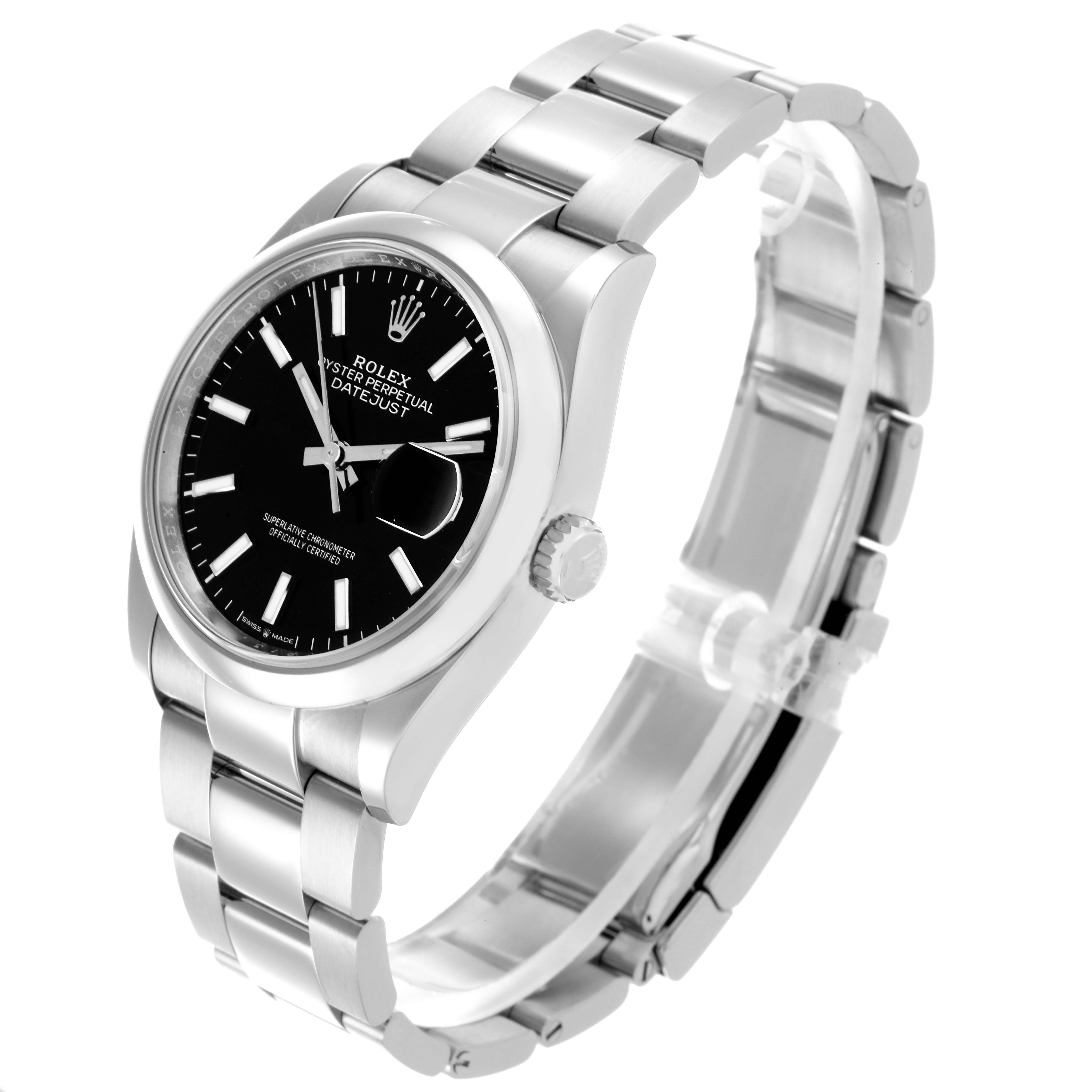 The image shows the Rolex Datejust 126200 Men
s Stainless Steel Black Dial 126200 Men
s Stainless Steel Black Dial watch at an oblique angle featuring the face, bezel, bracelet, and crown.