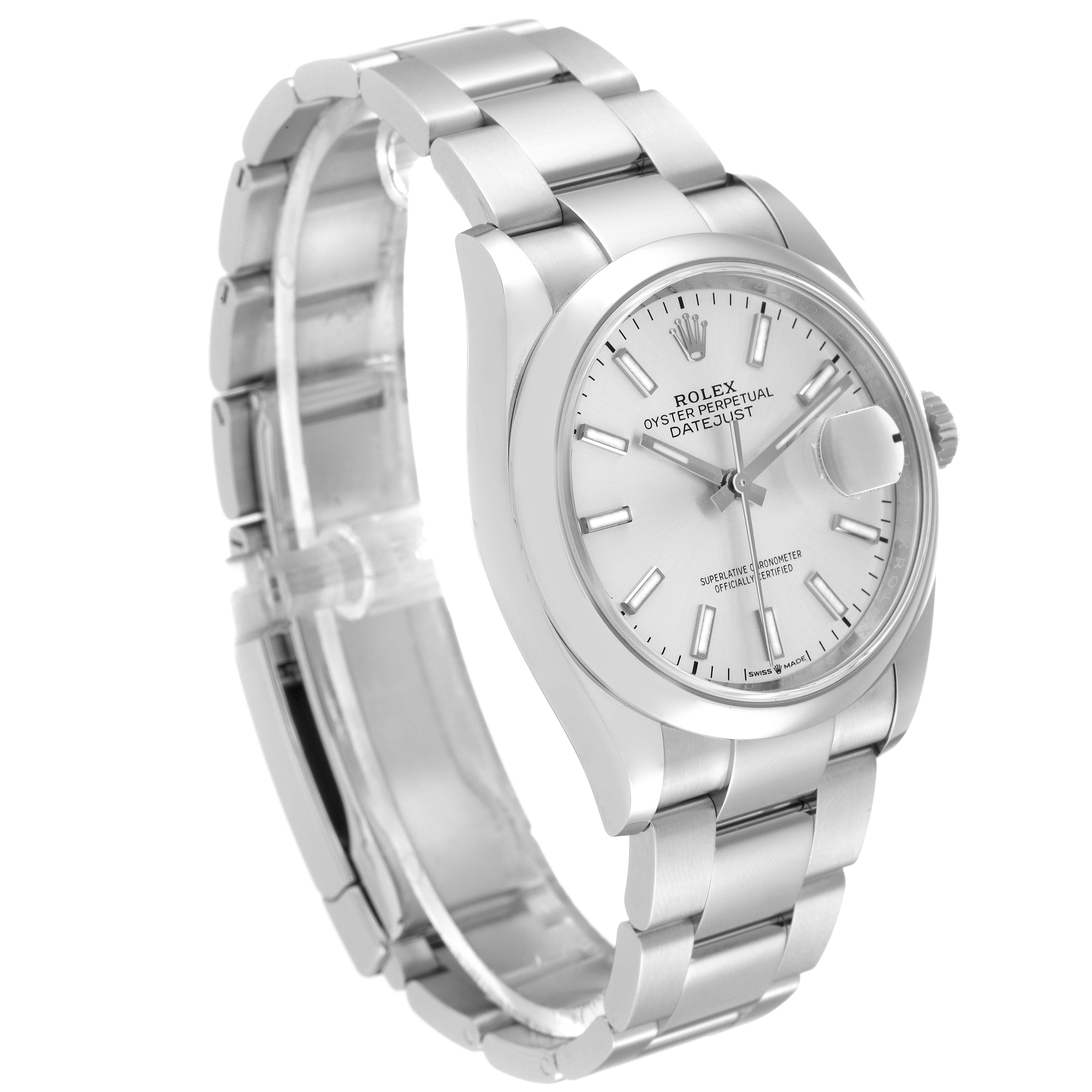 The Rolex Datejust 126200 Men's Stainless Steel Silver Dial 126200 Men's Stainless Steel Silver Dial watch is shown at a three-quarter angle highlighting the dial, bracelet, and side profile.