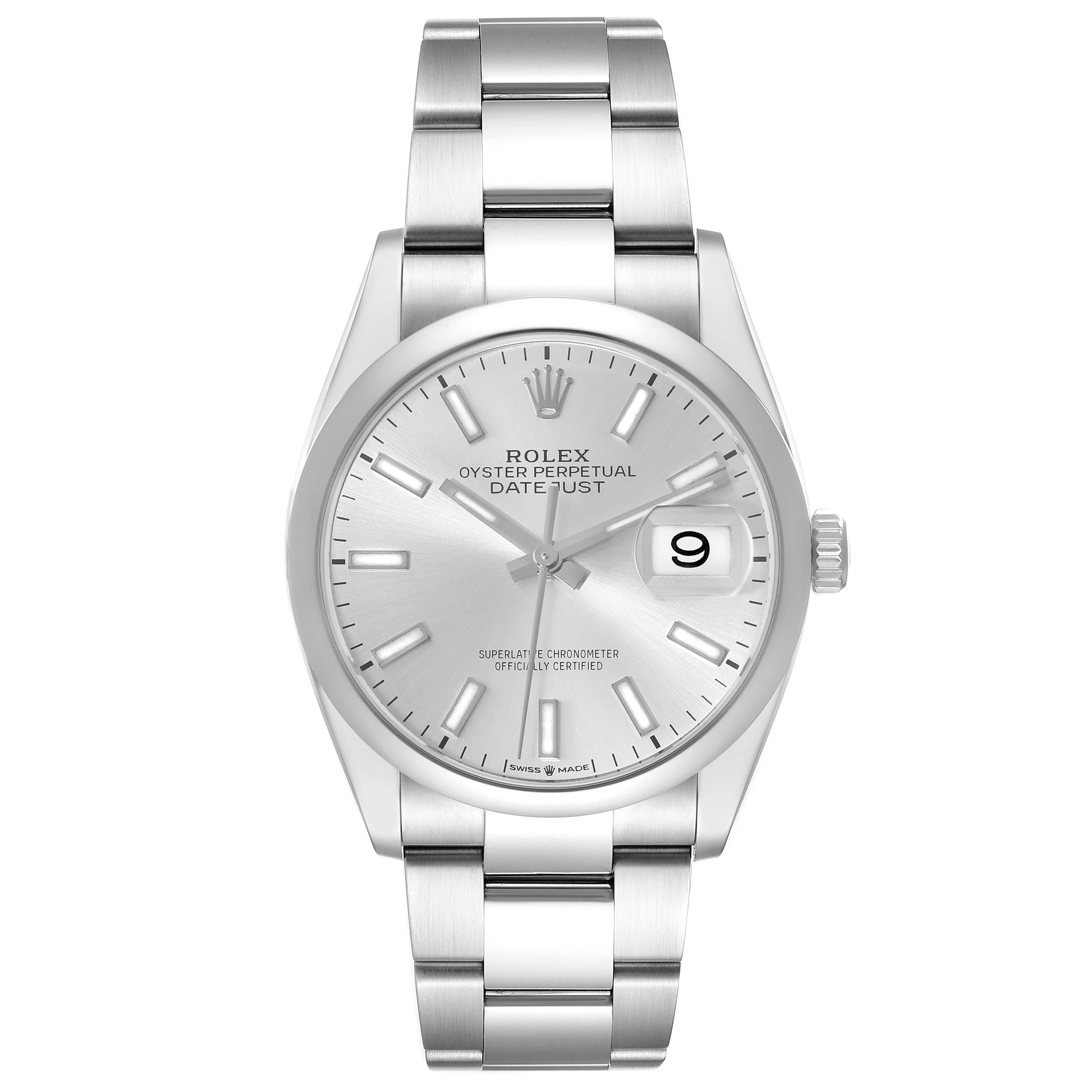 The image shows a front view of a Rolex Datejust 126200 Men's Stainless Steel Silver Dial 126200 Men's Stainless Steel Silver Dial watch, displaying the dial, bezel, bracelet, and date window.