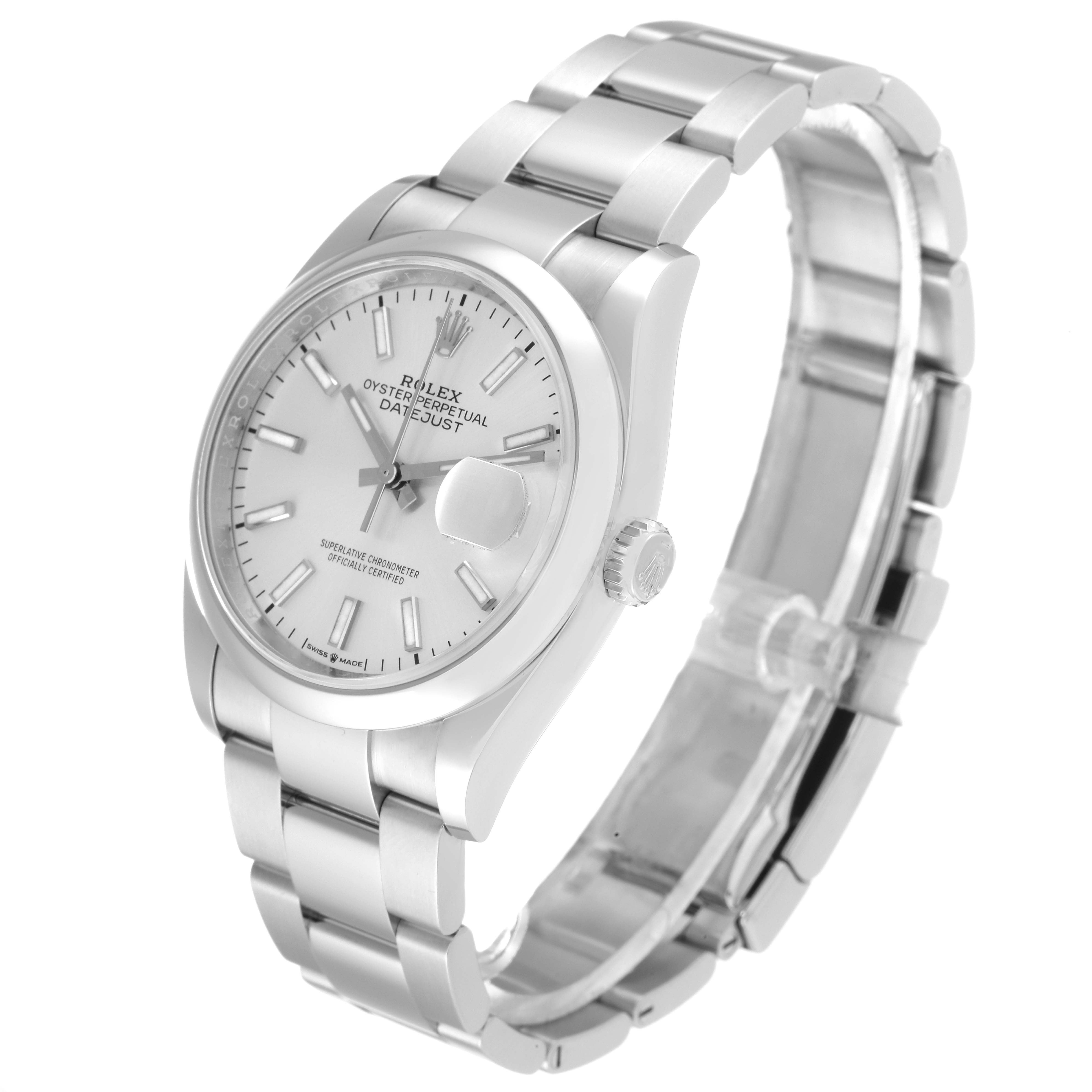 This image shows a side-angle view of a Rolex Datejust 126200 Men's Stainless Steel Silver Dial 126200 Men's Stainless Steel Silver Dial watch, displaying its bracelet, case, crown, and dial.