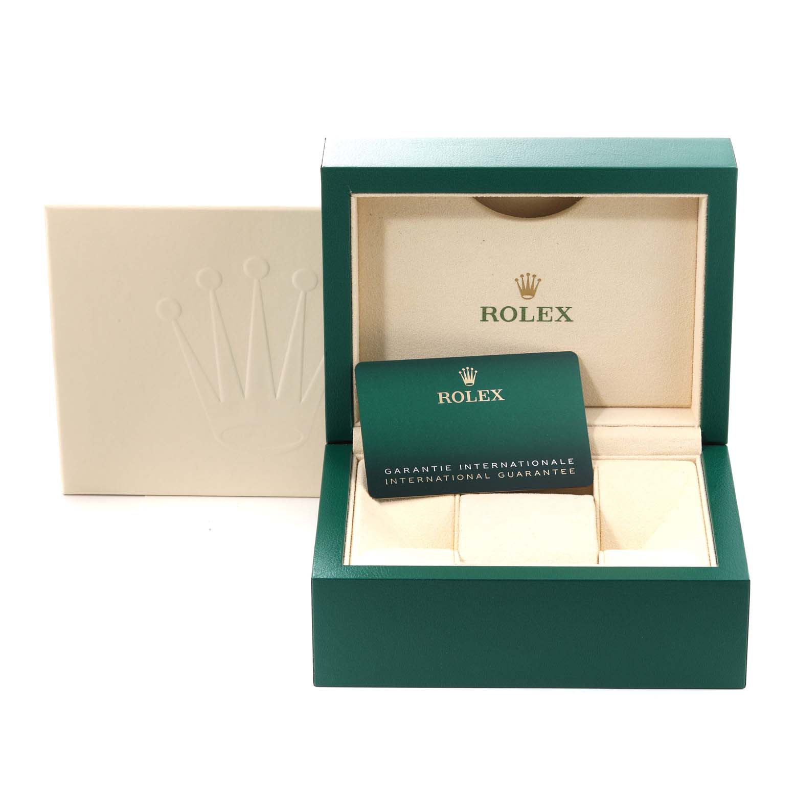 The image shows an open Rolex Datejust 126200 Men's Stainless Steel Silver Dial 126200 Men's Stainless Steel Silver Dial watch box with a warranty card and outer packaging.