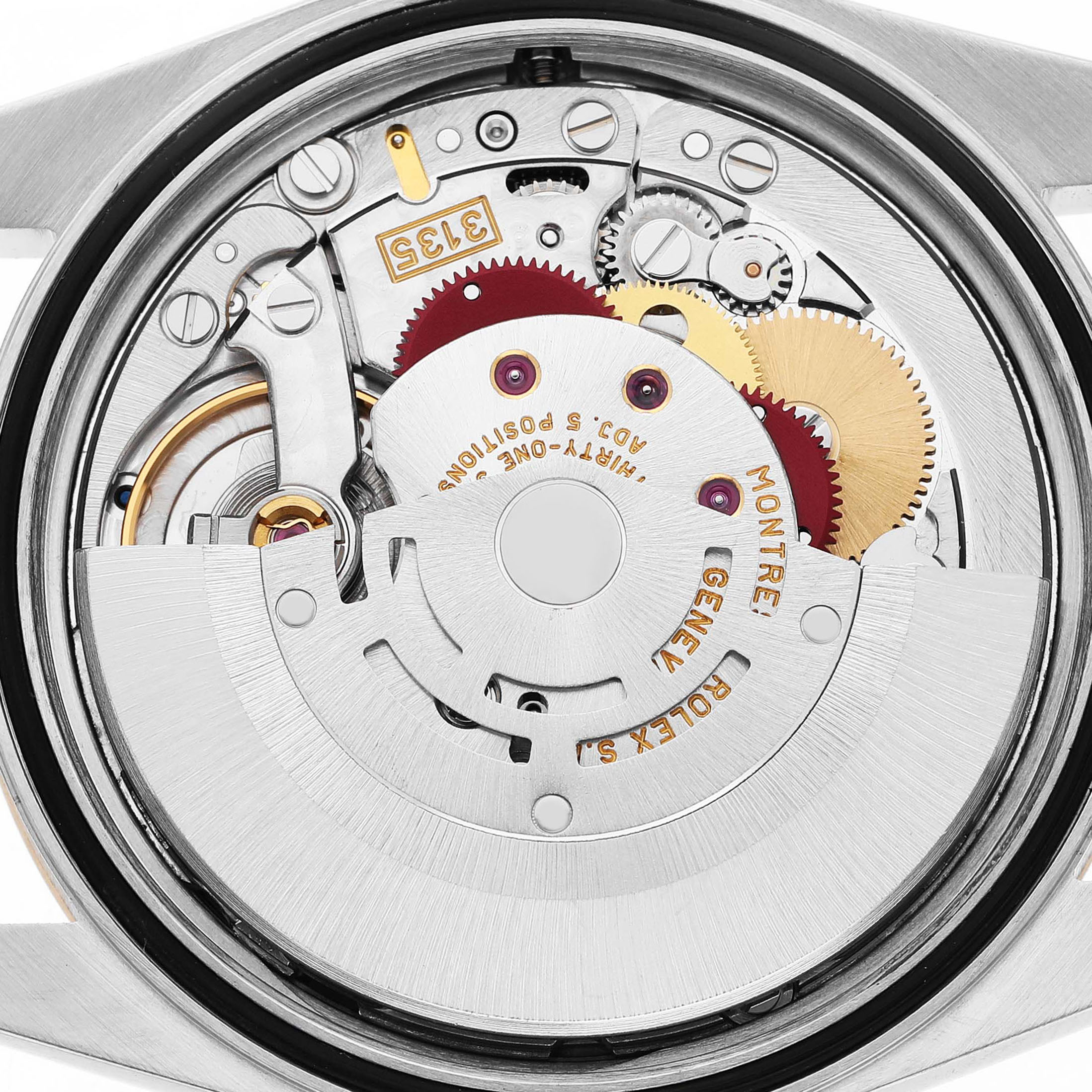 The image shows the internal movement of a Rolex Datejust 116203 Men's Stainless Steel White Dial watch from a rear angle, highlighting gears and mechanical components.