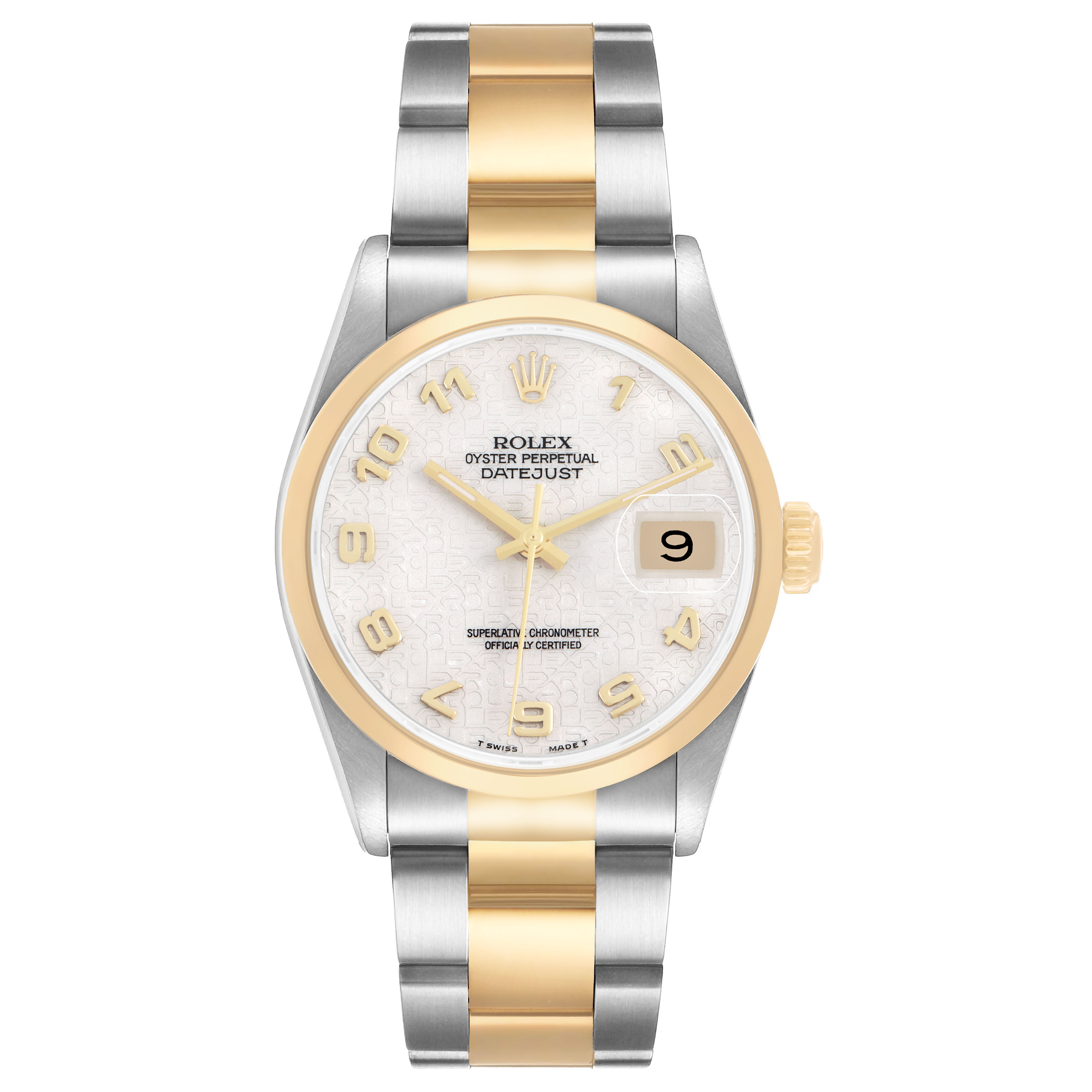 The image shows a frontal view of a Rolex Datejust 116203 Men's Stainless Steel White Dial, featuring a gold bezel, white dial, and two-tone bracelet.