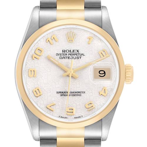 The Rolex Datejust 116203 Men's Stainless Steel White Dial watch is shown from a front angle, displaying the face, bezel, crown, and part of the bracelet.