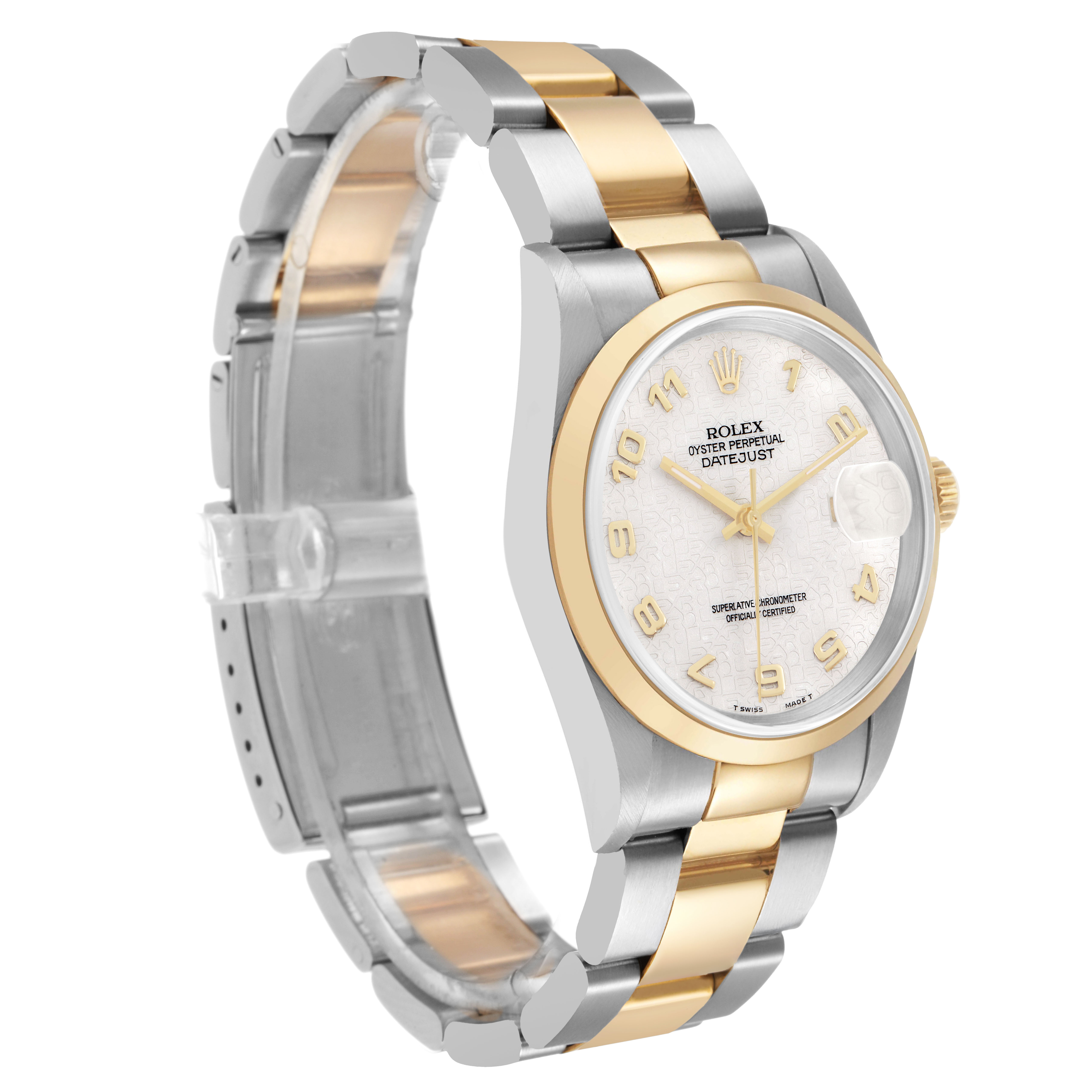 The Rolex Datejust 116203 Men's Stainless Steel White Dial watch is shown at an angled side view, highlighting the bracelet, bezel, and dial.