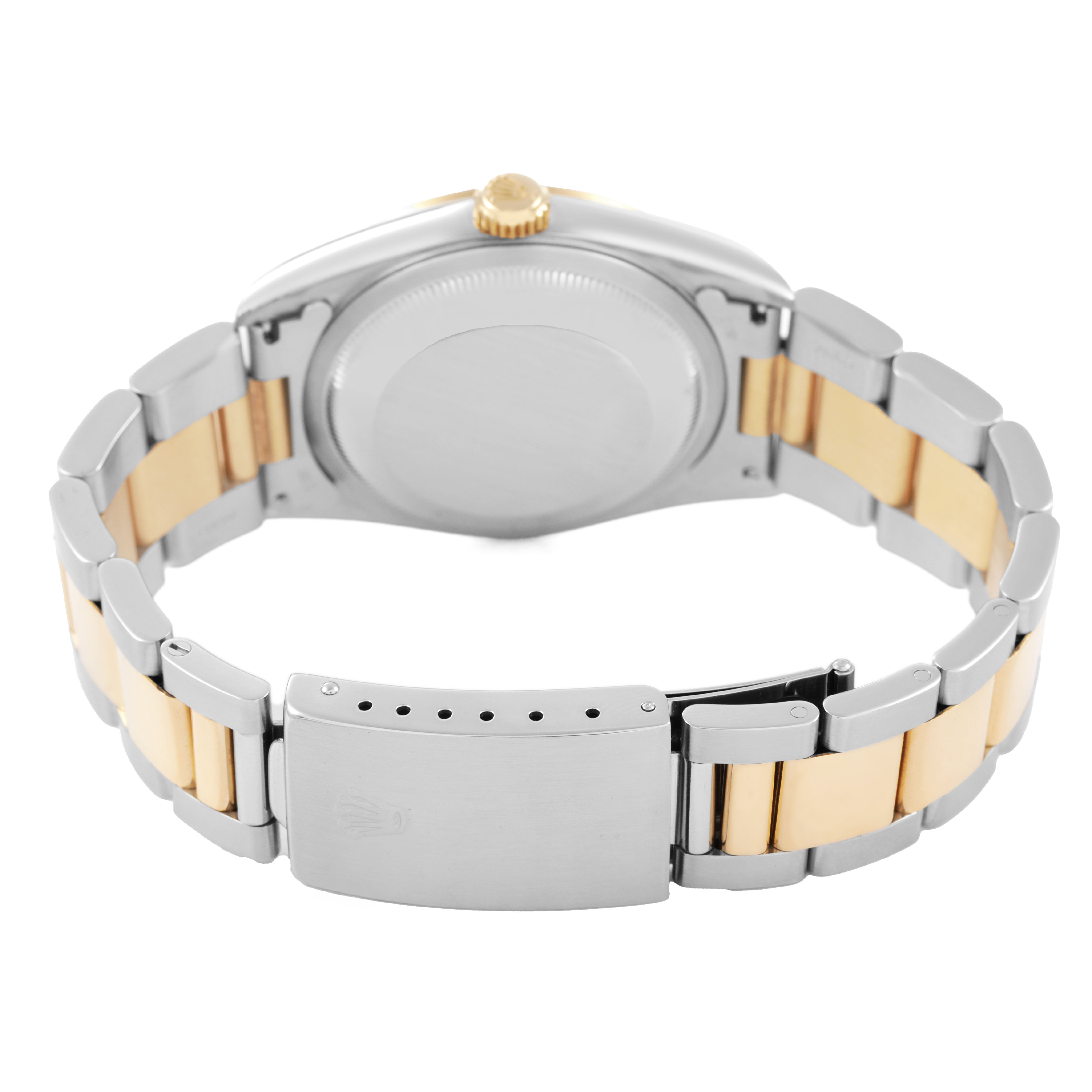 The image shows the back of a Rolex Datejust 116203 Men's Stainless Steel White Dial, featuring the case back, bracelet, and clasp from a rear angle.