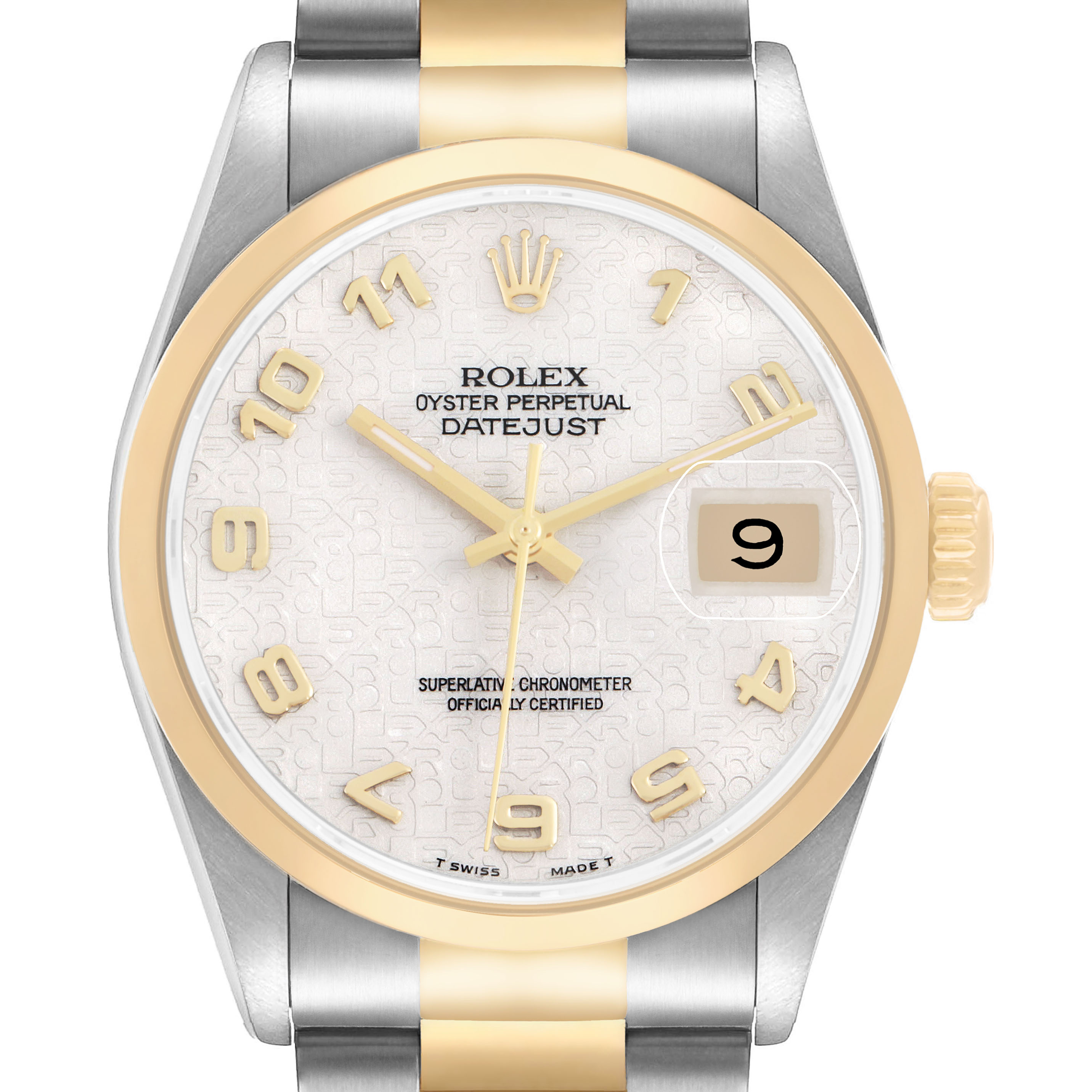 The Rolex Datejust 116203 Men's Stainless Steel White Dial watch is shown from a front-facing angle, highlighting the dial, bezel, crown, and partial bracelet.