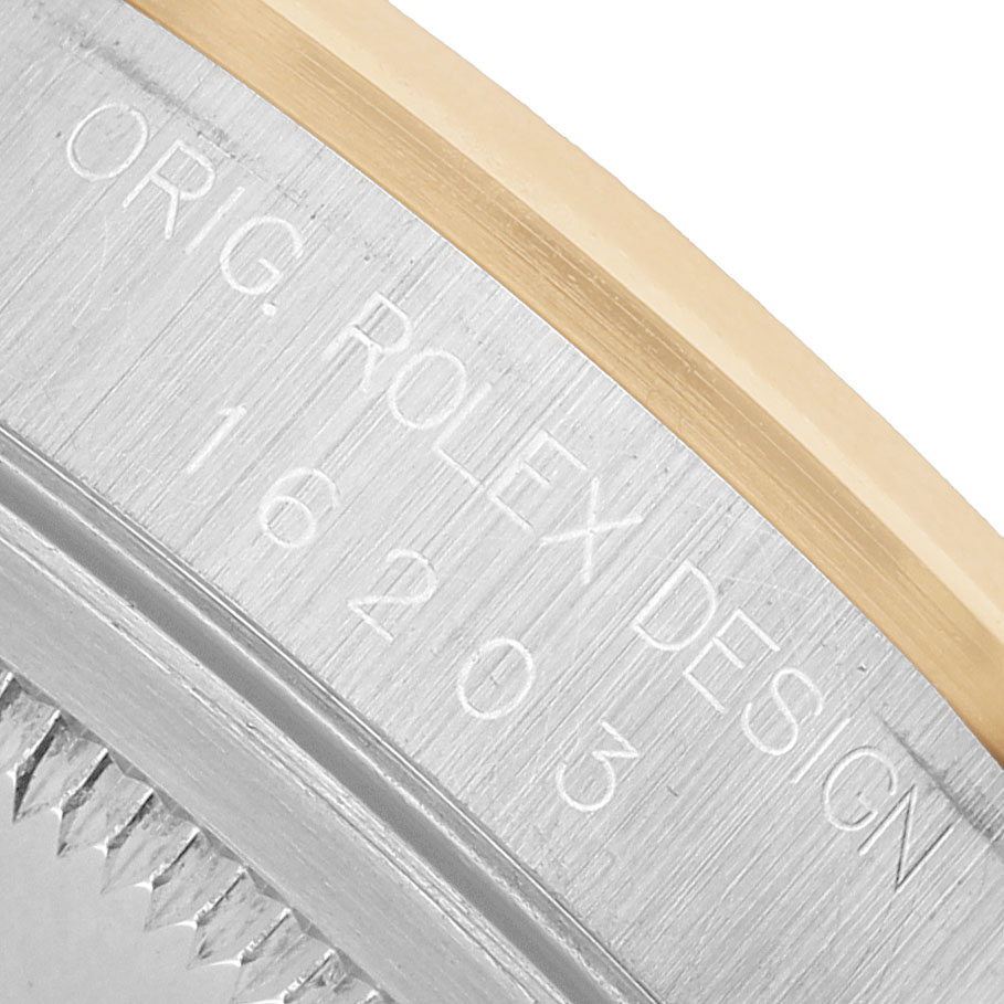The image shows a close-up of the engraved side of a Rolex Datejust 116203 Men's Stainless Steel White Dial bezel with model number 16203.